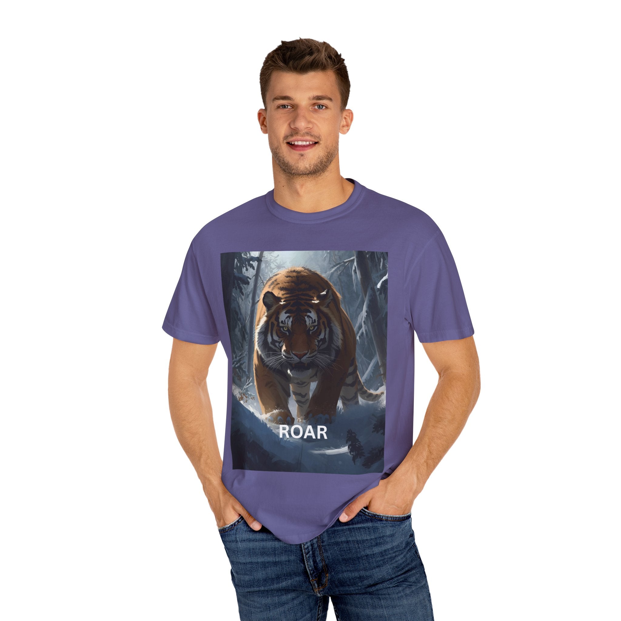 Fierce Tiger Roar Snow Graphic Tee, Eco-Friendly T-Shirt for Animal Lovers, Adventure Apparel, Gift for Wildlife Enthusiasts, Casual Wear