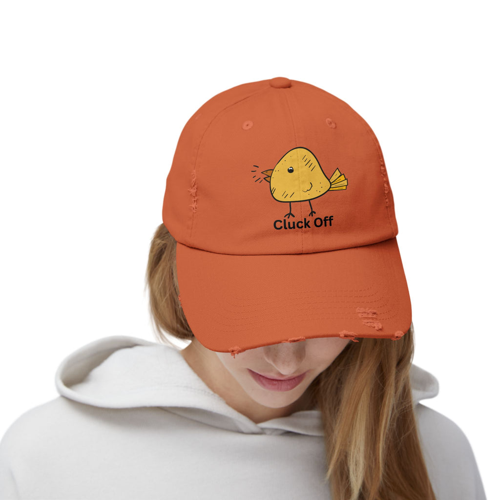 Quirky Distressed Cap with 'Cluck Off' Design - Fun Gift for Bird Lovers, Casual Wear, Summer Accessory, Unique Hat, Funny Cap