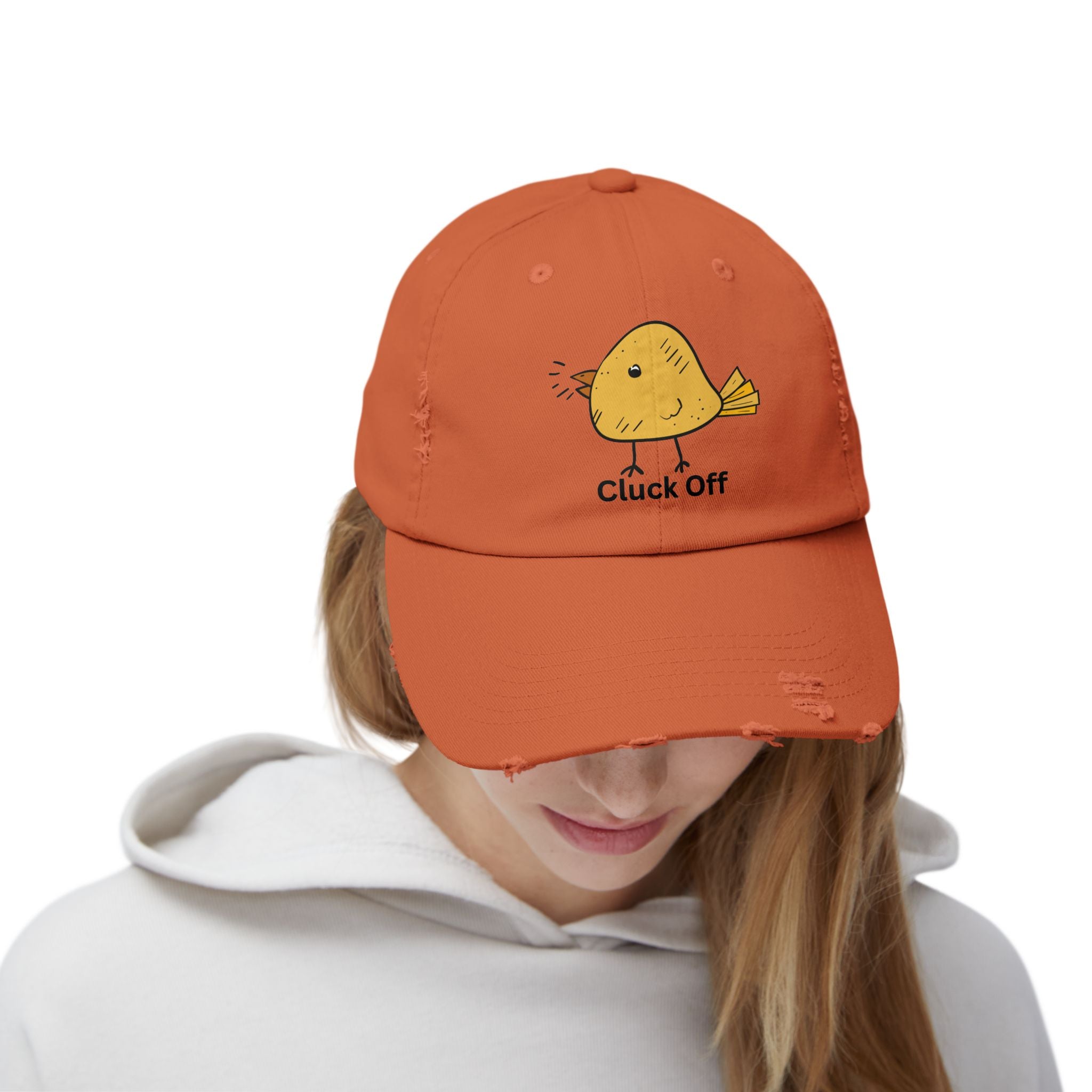 Quirky Distressed Cap with 'Cluck Off' Design - Fun Gift for Bird Lovers, Casual Wear, Summer Accessory, Unique Hat, Funny Cap
