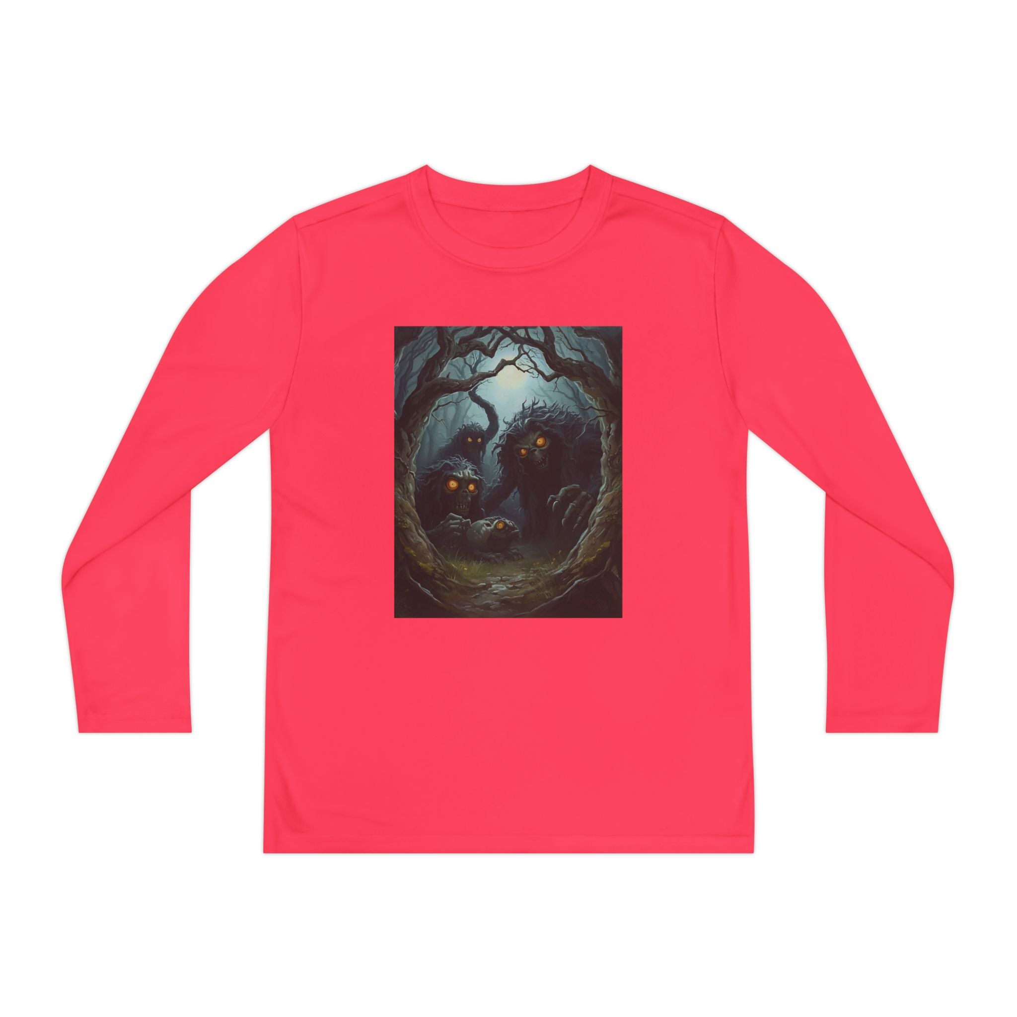 Spooky Forest Creatures Youth Long Sleeve Tee with Enchanted Forest Design, Comfortable Unisex T-Shirt for All Seasons, Perfect for Halloween and Nature Lovers