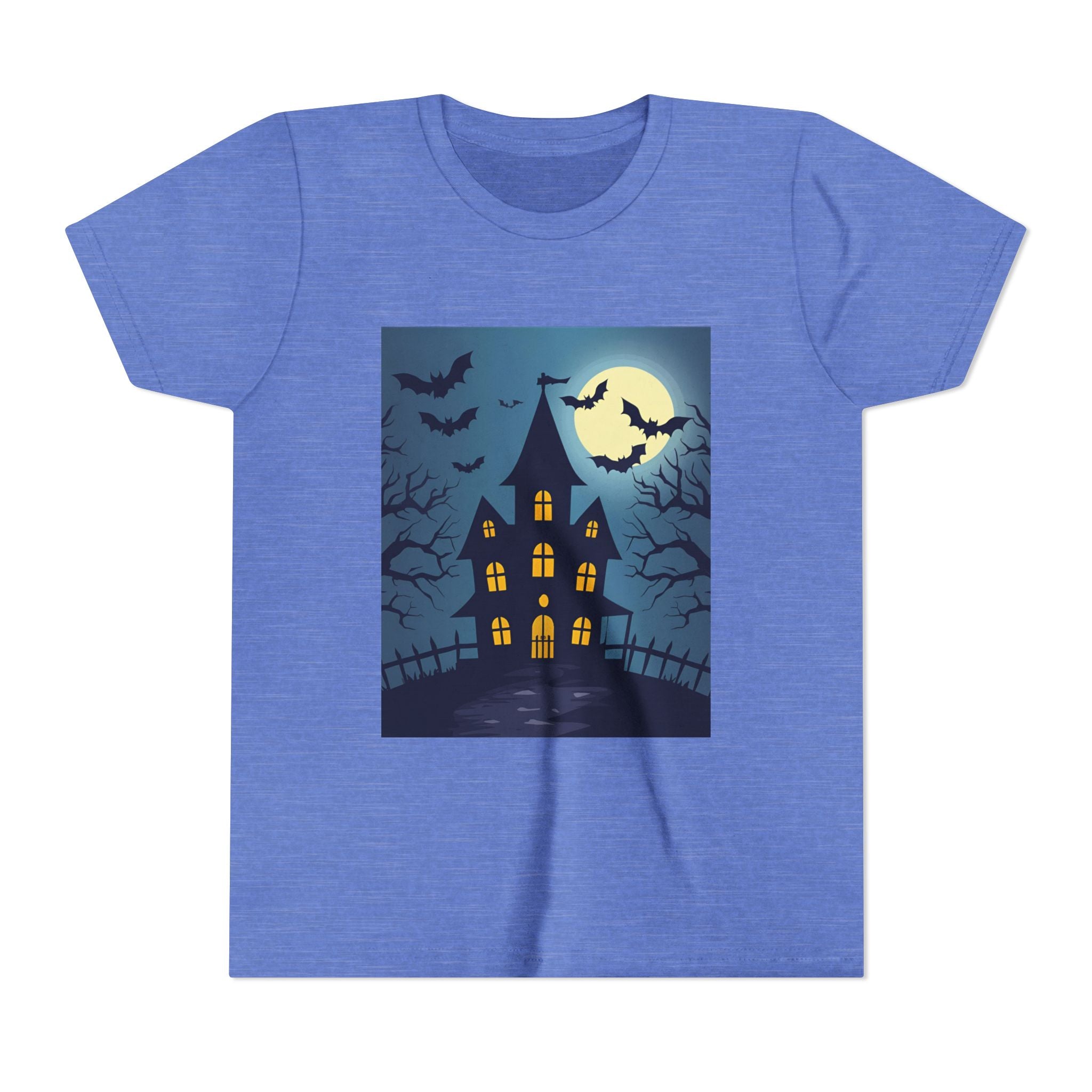 Spooky Halloween Haunted House Youth Tee, Kids Ghost T-Shirt, Haunted House Apparel, Bat Design Shirt, Trick or Treat Clothing