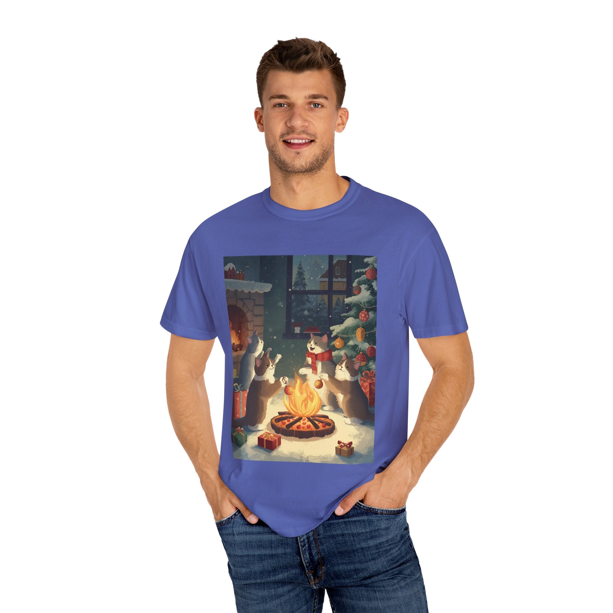 Cozy Cat Campfire T-shirt, Unisex Garment-Dyed Tee, Holiday Gift, Cat Lover Gift, Cute Winter T-shirt, Cozy Nightwear, Christmas Shirt