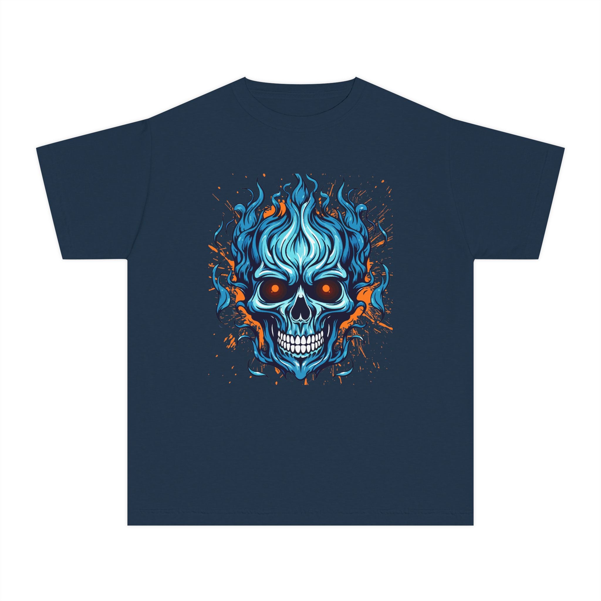 Skull Flame Youth Graphic Skull Tee, Cool Teen Fashion, Edgy Summer Wear, Halloween Costume, Unique Gift for Kids, Casual Everyday Style
