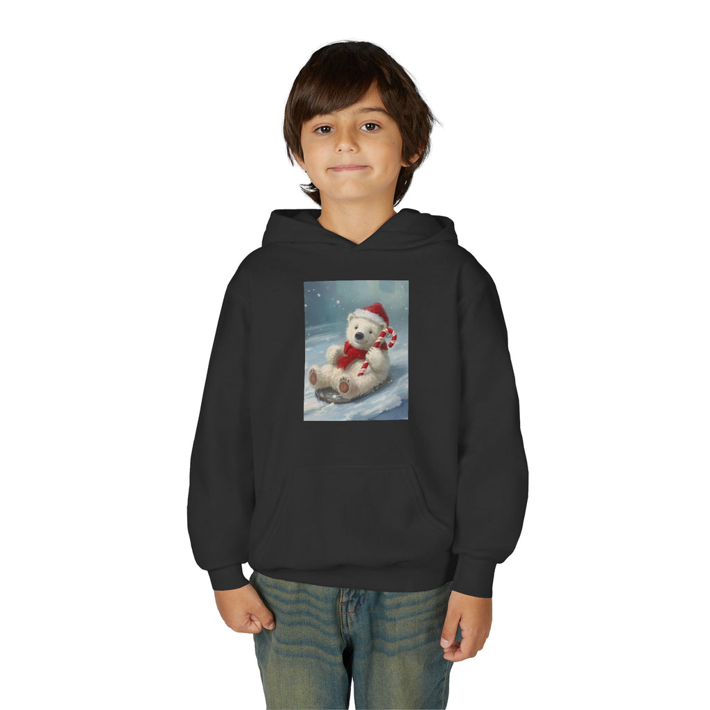 Cozy Christmas Bear Youth Hooded Sweatshirt, Winter Hoodie, Holiday Gift, Cute Sweatshirt for Kids, Festive Apparel
