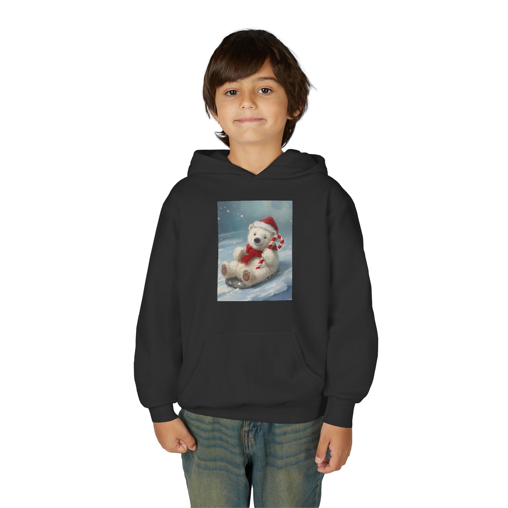 Cozy Christmas Bear Youth Hooded Sweatshirt, Winter Hoodie, Holiday Gift, Cute Sweatshirt for Kids, Festive Apparel