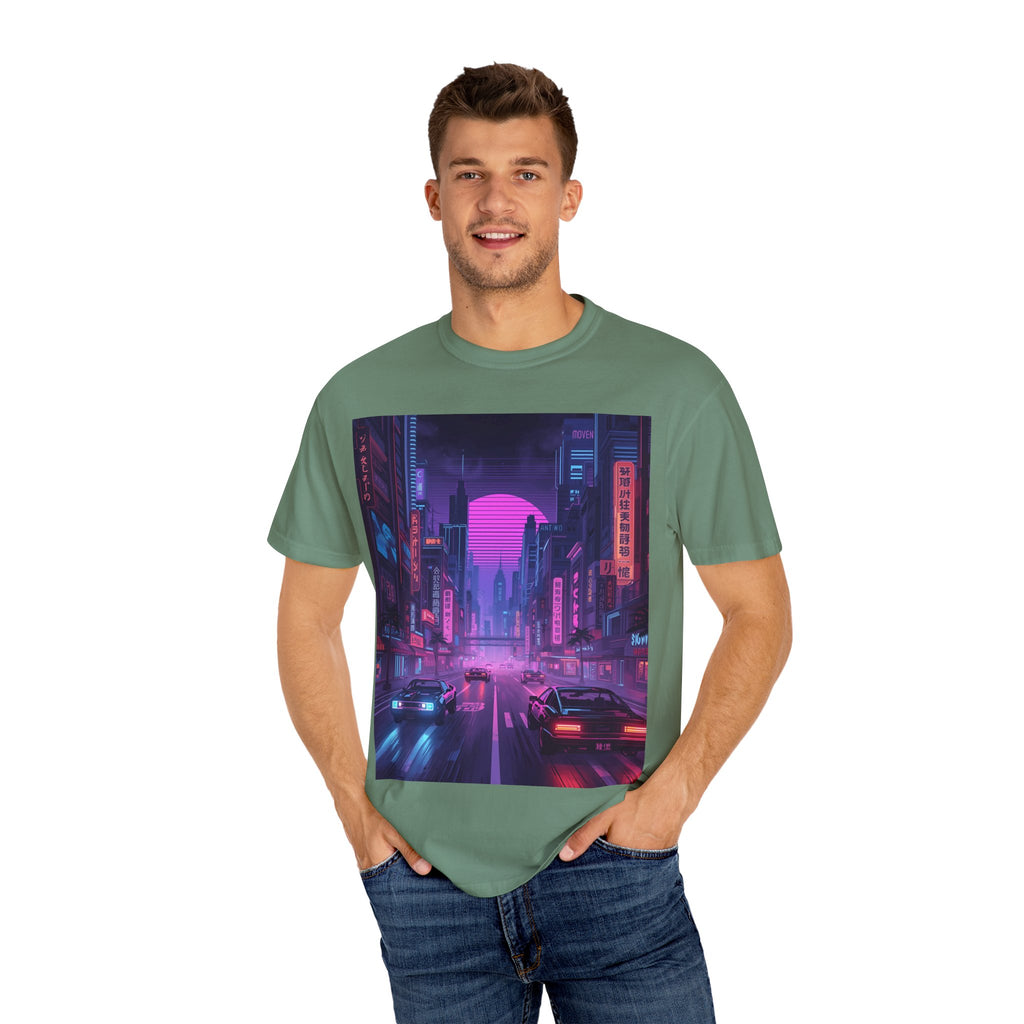 Futuristic Neon Cityscape T-Shirt, Retro Graphic Tee, Unisex Streetwear, Urban Vibe Shirt, Gift for Gamers, Summer Outfit