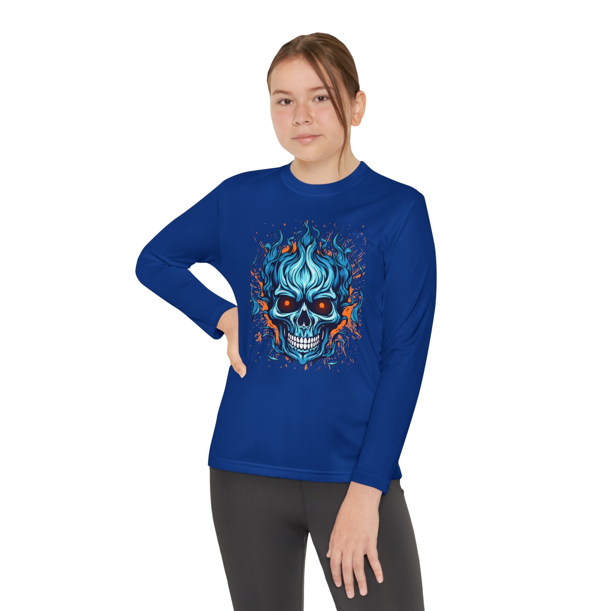 Skull Flame Youth Long Sleeve Skull Tee, Perfect for Halloween, Edgy Gift for Teens, Cozy Casual Wear, Skull Art Graphic Tee, Unique Birthday Present