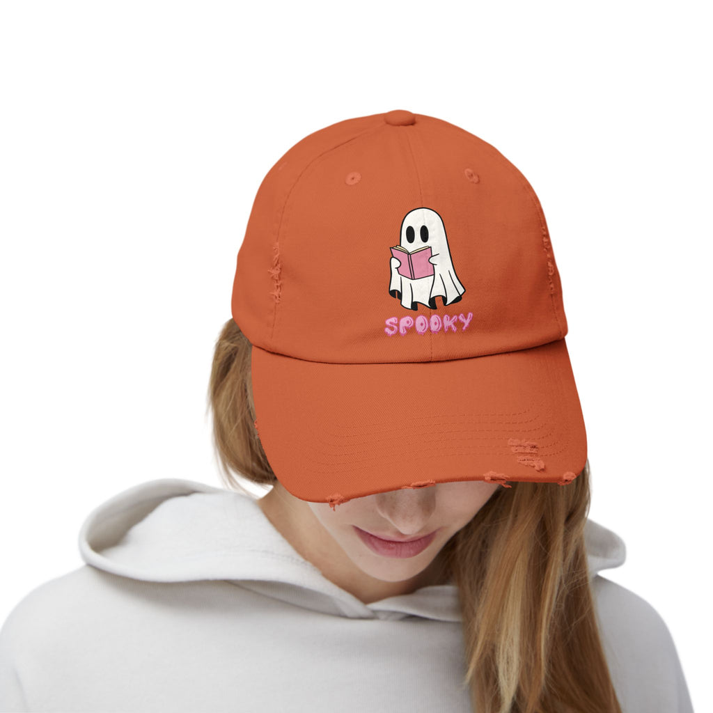 Spooky Ghost Reading Distressed Cap, Halloween Hat, Cute Adjustable Cap, Casual Everyday Wear, Trendy Fashion Accessory