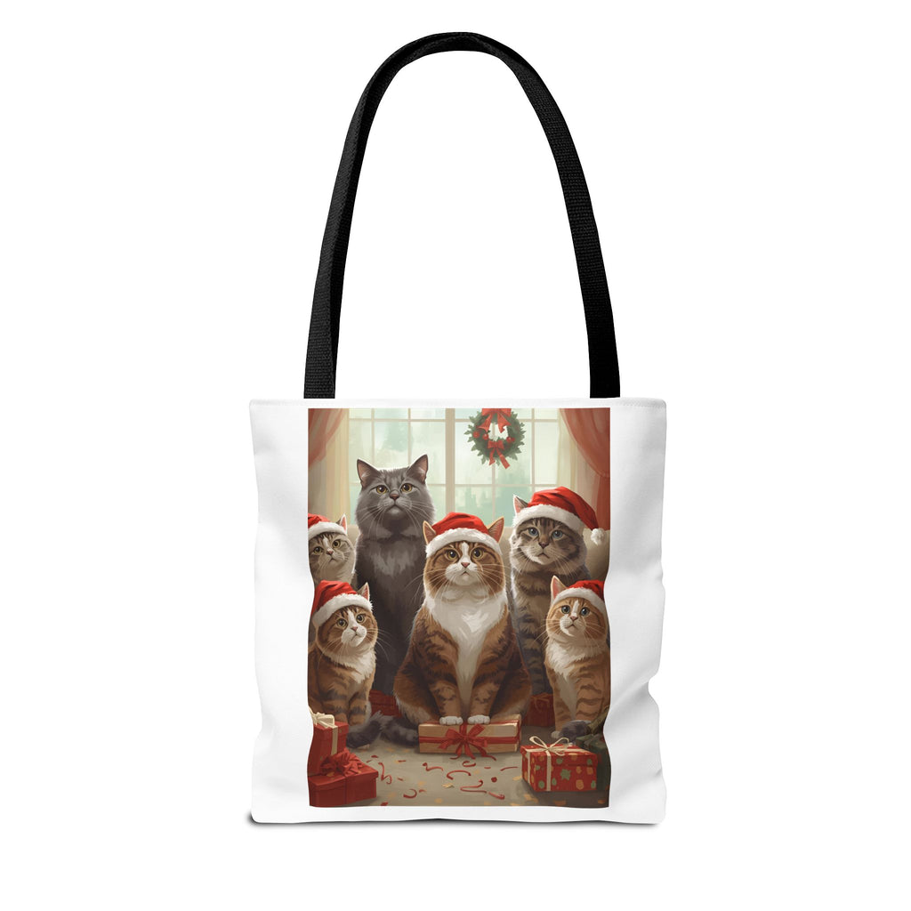 Cute Christmas Festive Cat Tote Bag, Christmas Gift, Holiday Shopping Bag, Cute Cat Lover Bag, AOP Tote for Cat Enthusiasts