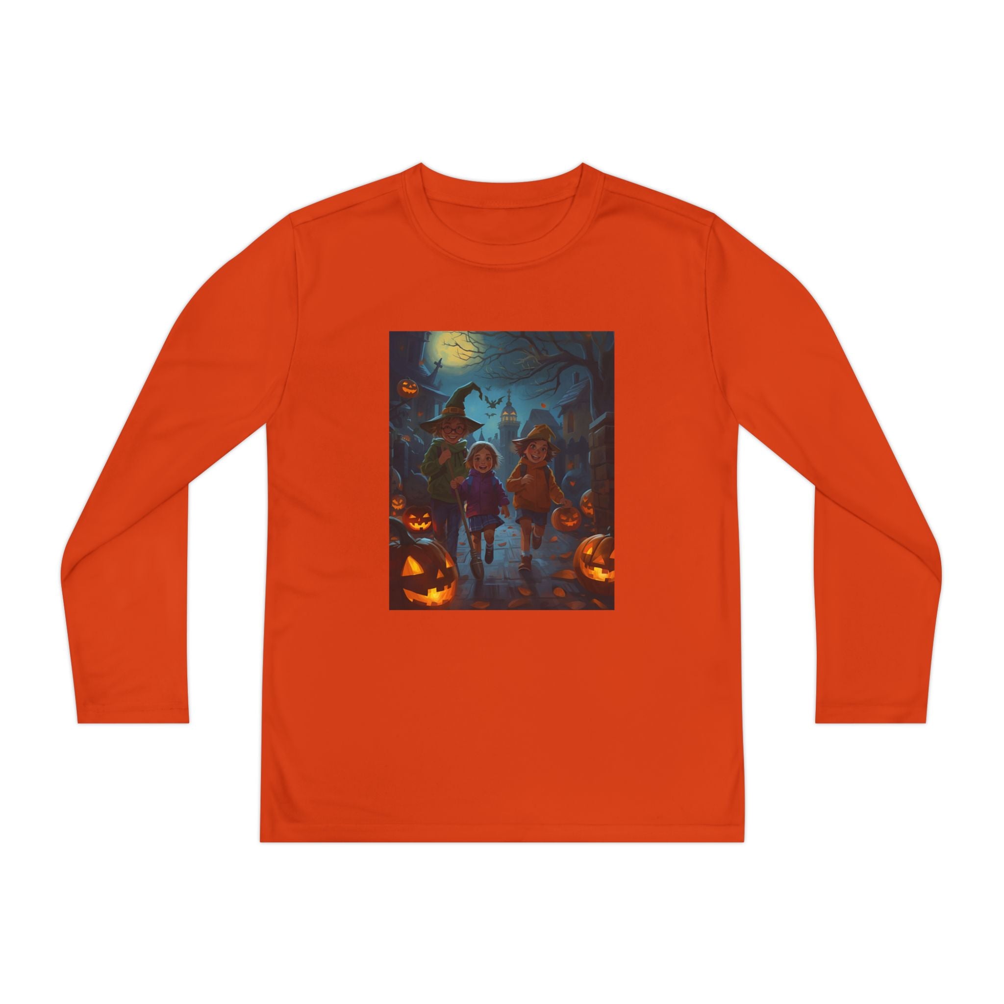 Halloween Themed Youth Long Sleeve Halloween Tee, Spooky Costume Shirt, Kids Trick or Treat Top, Fall Celebration Apparel, Halloween Party Wear