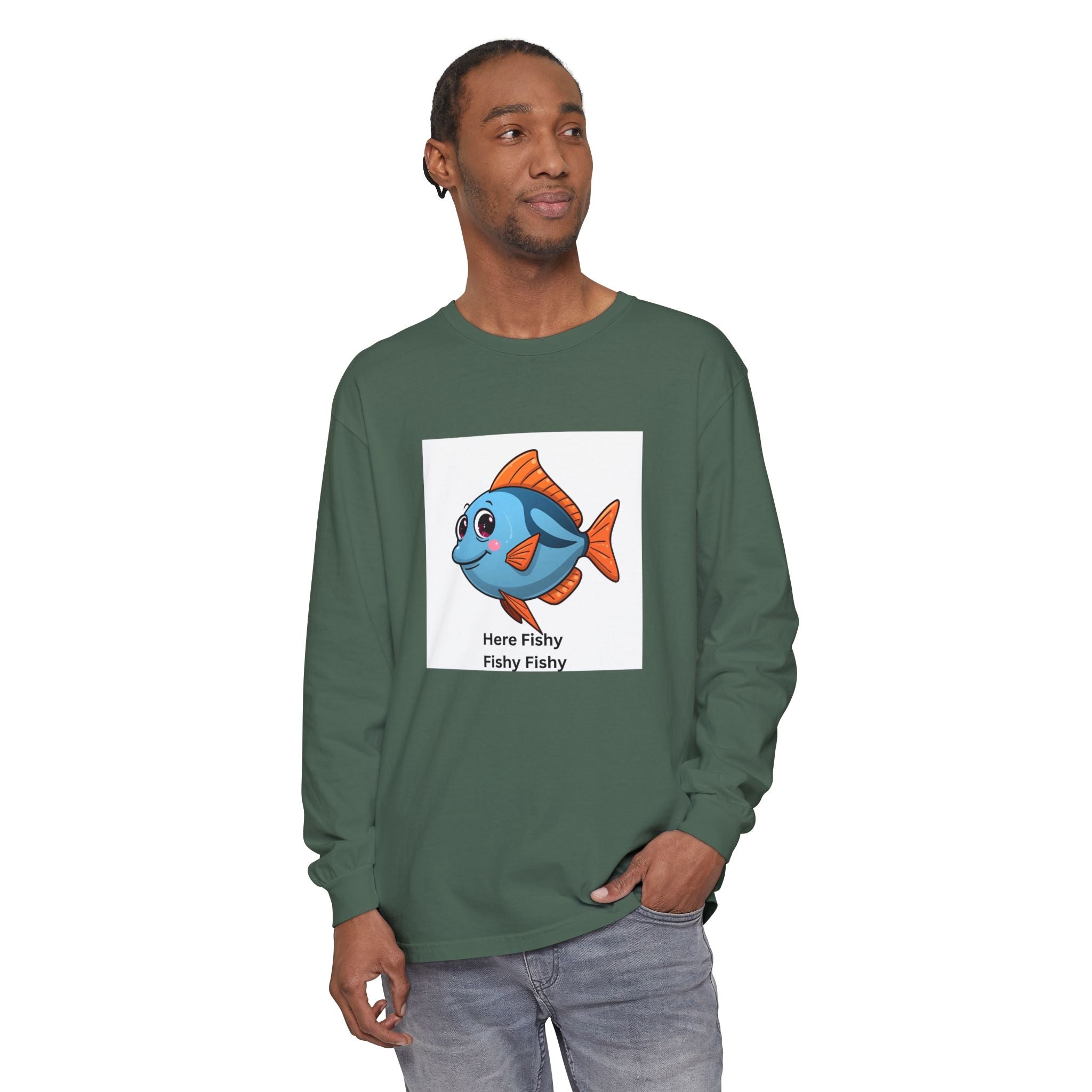 Here Fish Fishy Fishy Unisex Garment-dyed Long Sleeve T-Shirt