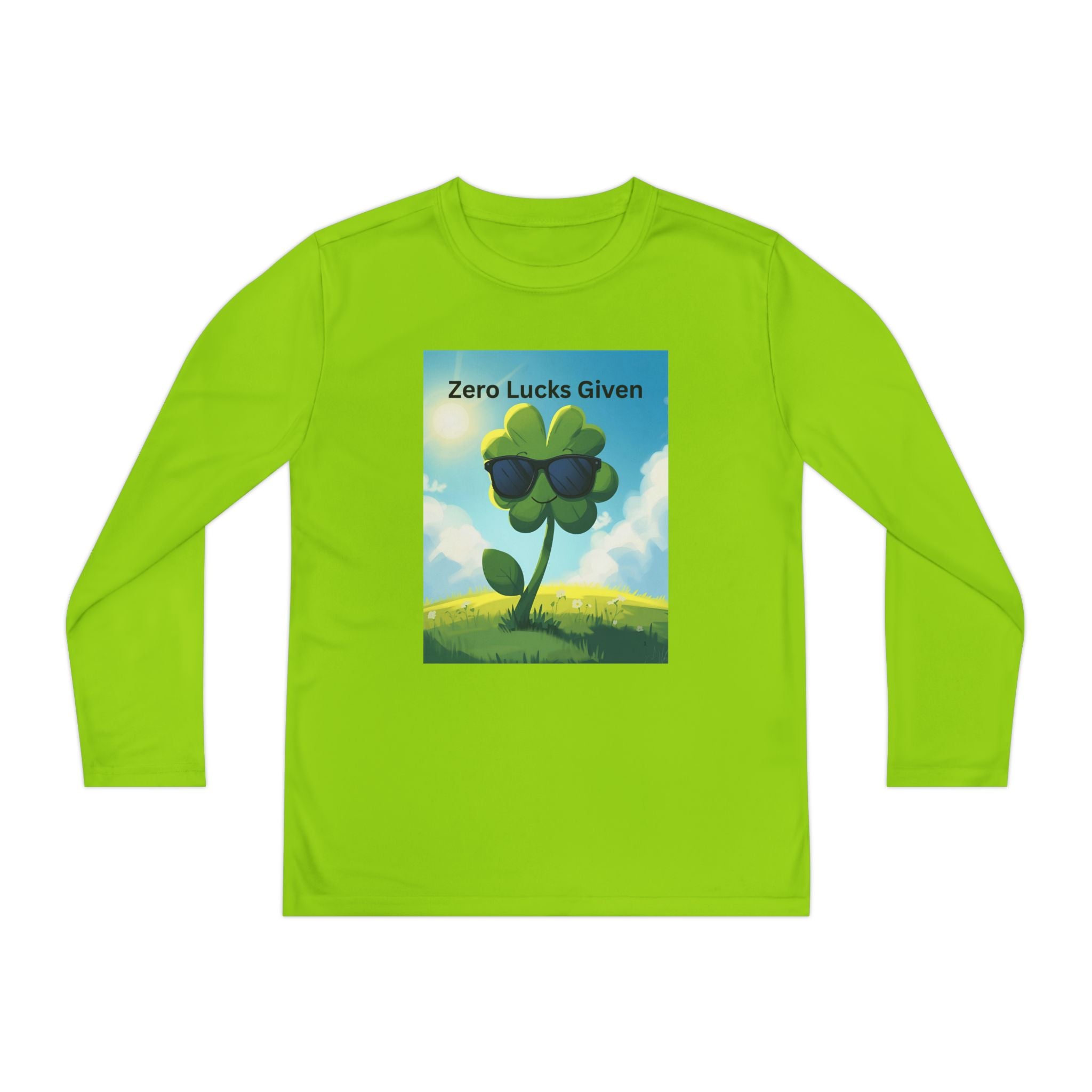 Zero Lucks Given Youth Long Sleeve Tee, Fun Graphic Shirt, Clover Print Top, Gift for Kids, Statement Tee, Birthday Gift