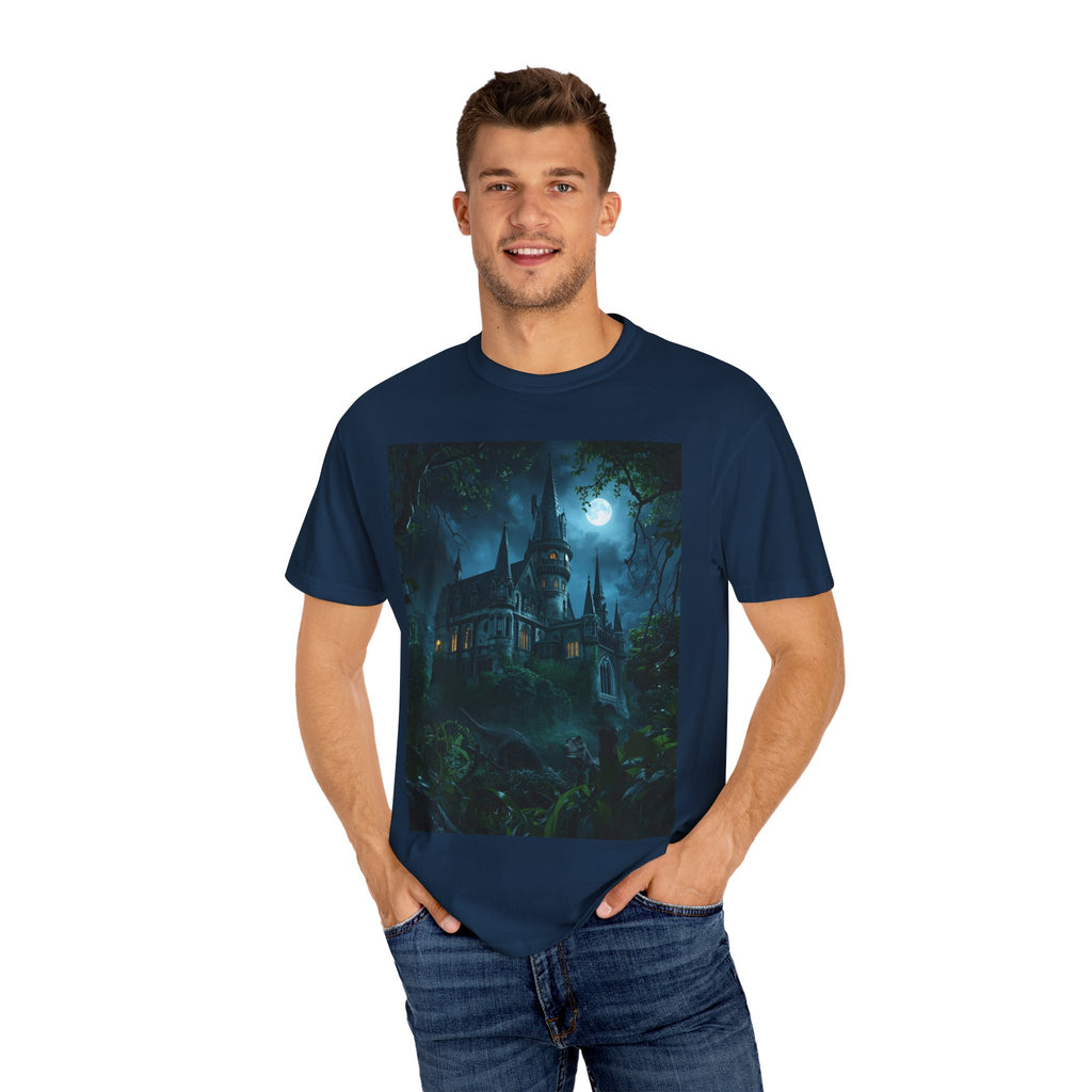 Mystical Night Scene Castle T-Shirt, Spooky Tees, Halloween Apparel, Gothic Style Shirt, Unisex Shirt, Nighttime Scene Tee