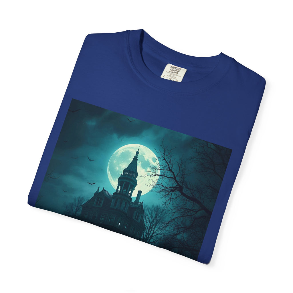 Haunted Moonlight Spooky Castle Graphic Tee | Unisex Garment-Dyed T-shirt, Halloween Shirt, Graphic Tee, Casual Wear, Gift for Ghost Lovers
