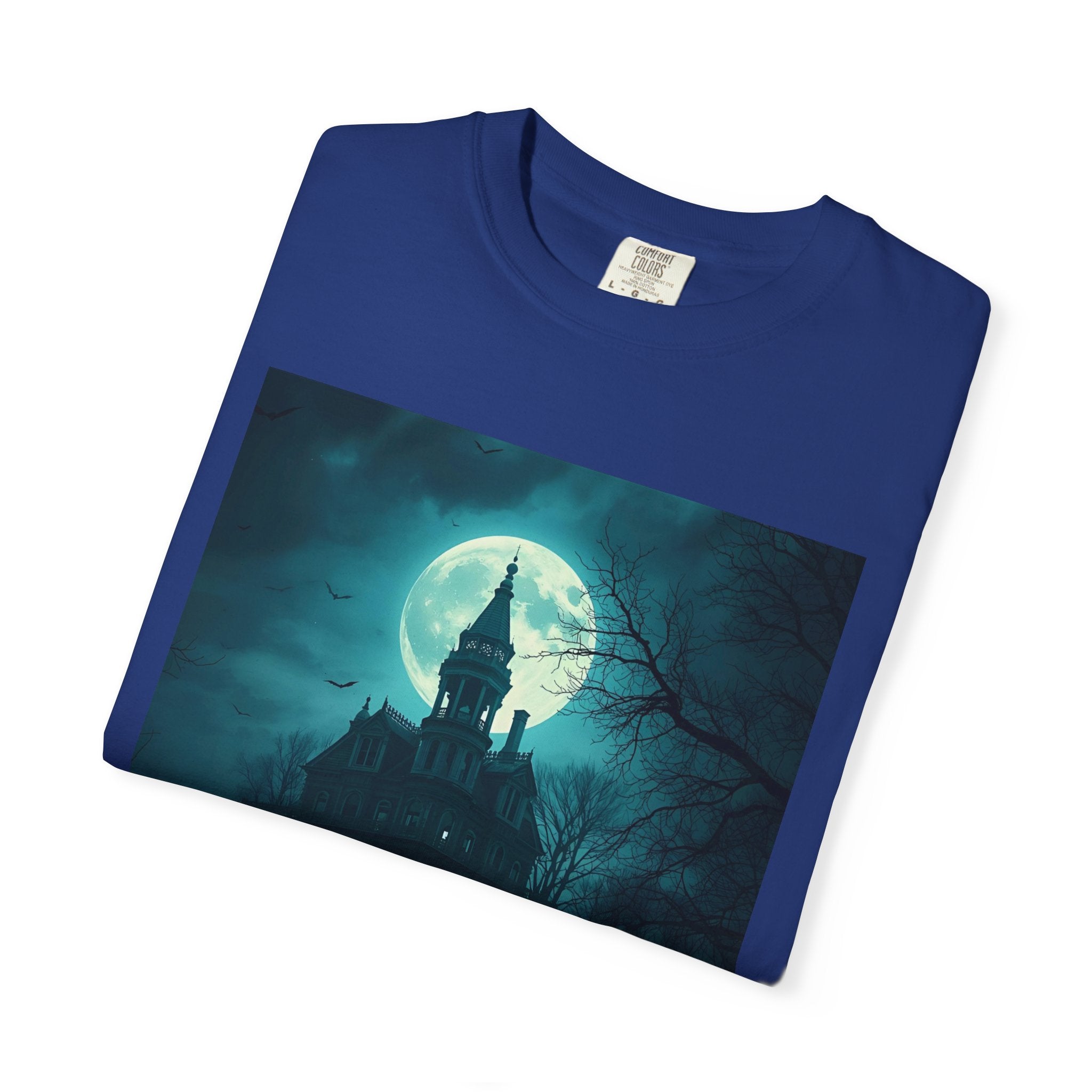 Haunted Moonlight Spooky Castle Graphic Tee | Unisex Garment-Dyed T-shirt, Halloween Shirt, Graphic Tee, Casual Wear, Gift for Ghost Lovers