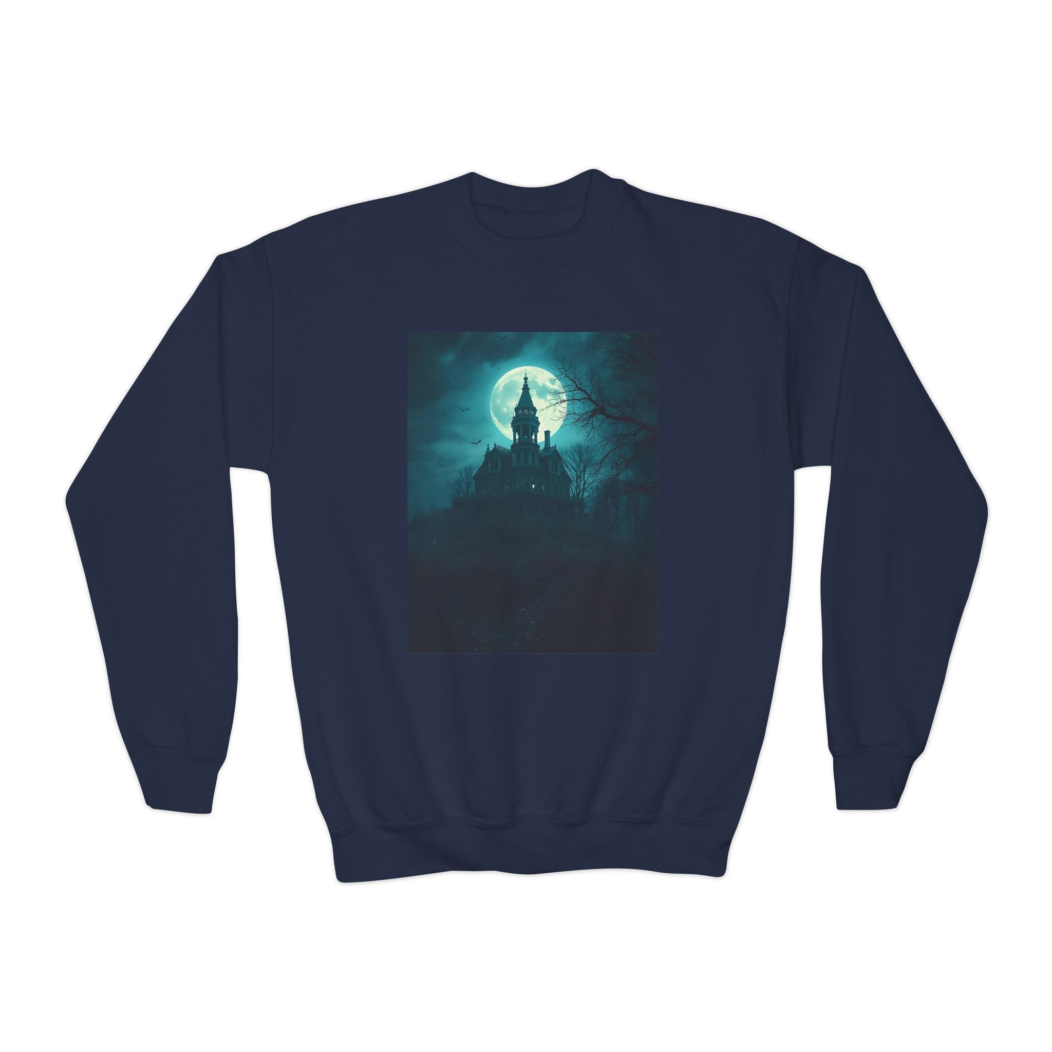 Haunted Moonlight Spooky Castle Youth Crewneck Sweatshirt | Halloween Gift, Cozy Sweatshirt for Kids, Unique Graphic Sweatshirt, Autumn Wardrobe Essential