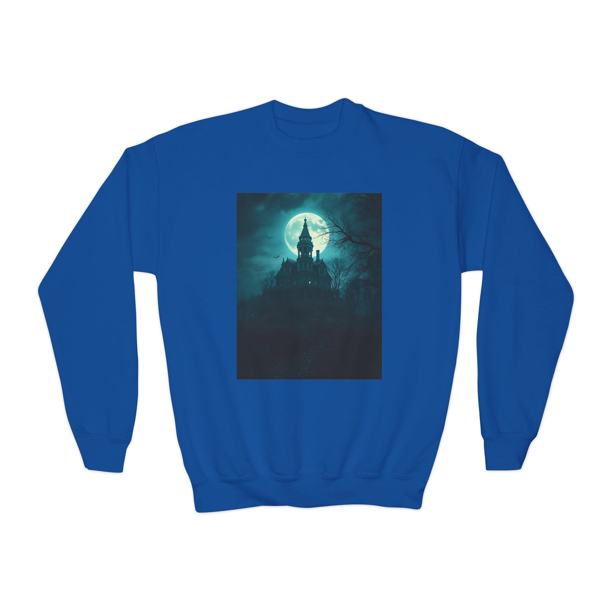 Haunted Moonlight Spooky Castle Youth Crewneck Sweatshirt | Halloween Gift, Cozy Sweatshirt for Kids, Unique Graphic Sweatshirt, Autumn Wardrobe Essential