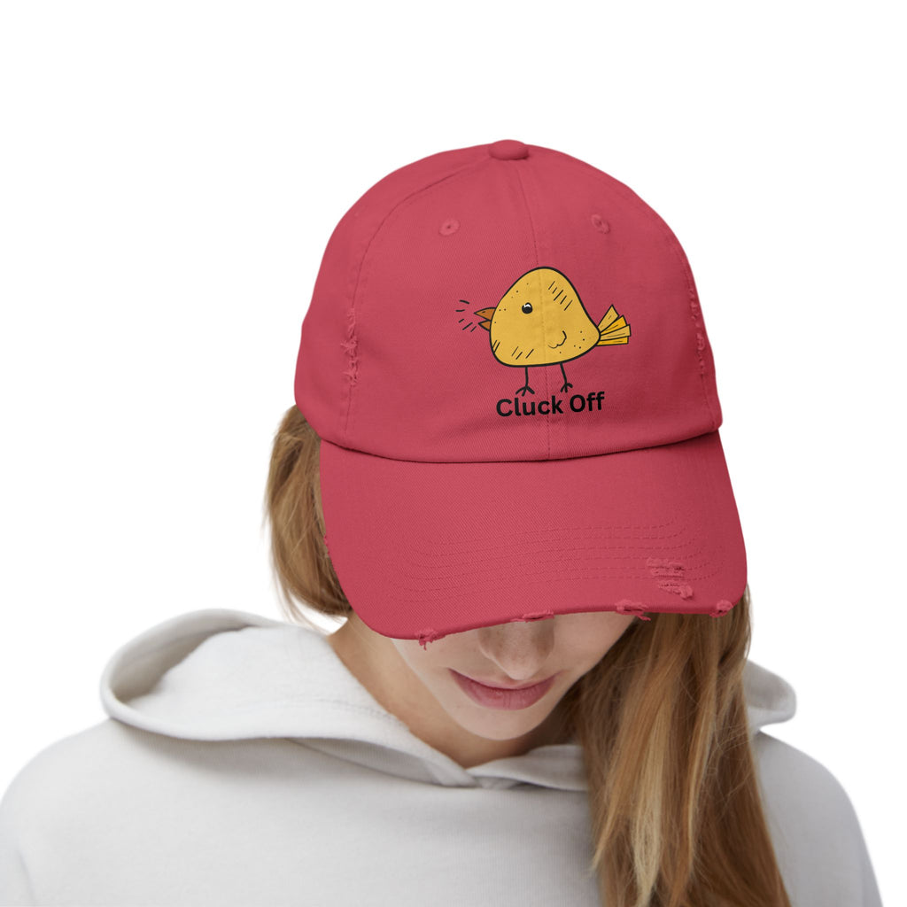 Quirky Distressed Cap with 'Cluck Off' Design - Fun Gift for Bird Lovers, Casual Wear, Summer Accessory, Unique Hat, Funny Cap