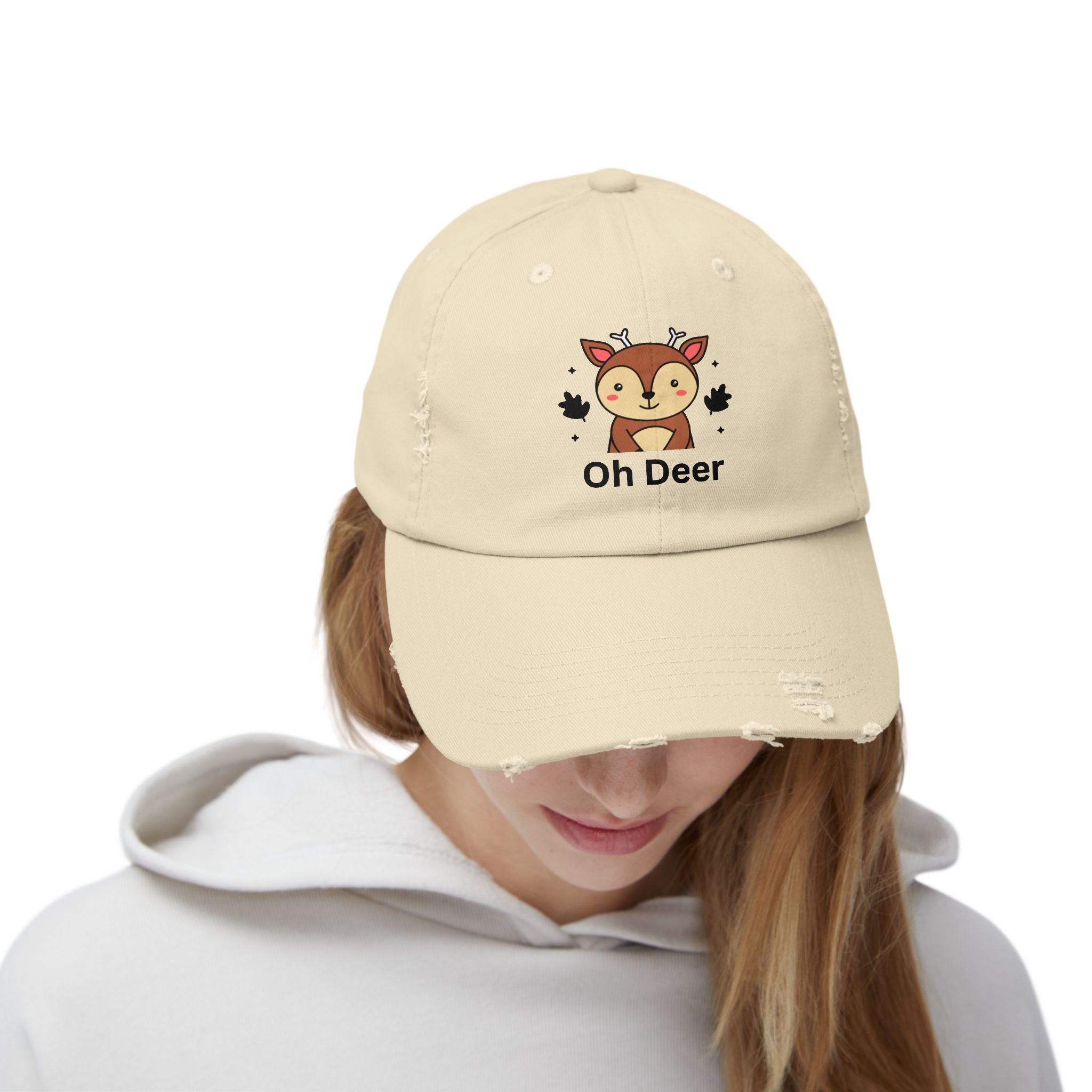 Cute Distressed Cap with 'Oh Deer' Design, Fun Gift for Nature Lovers, Unisex Outdoor Hat, Ideal for Birthdays, Holidays, Casual Wear