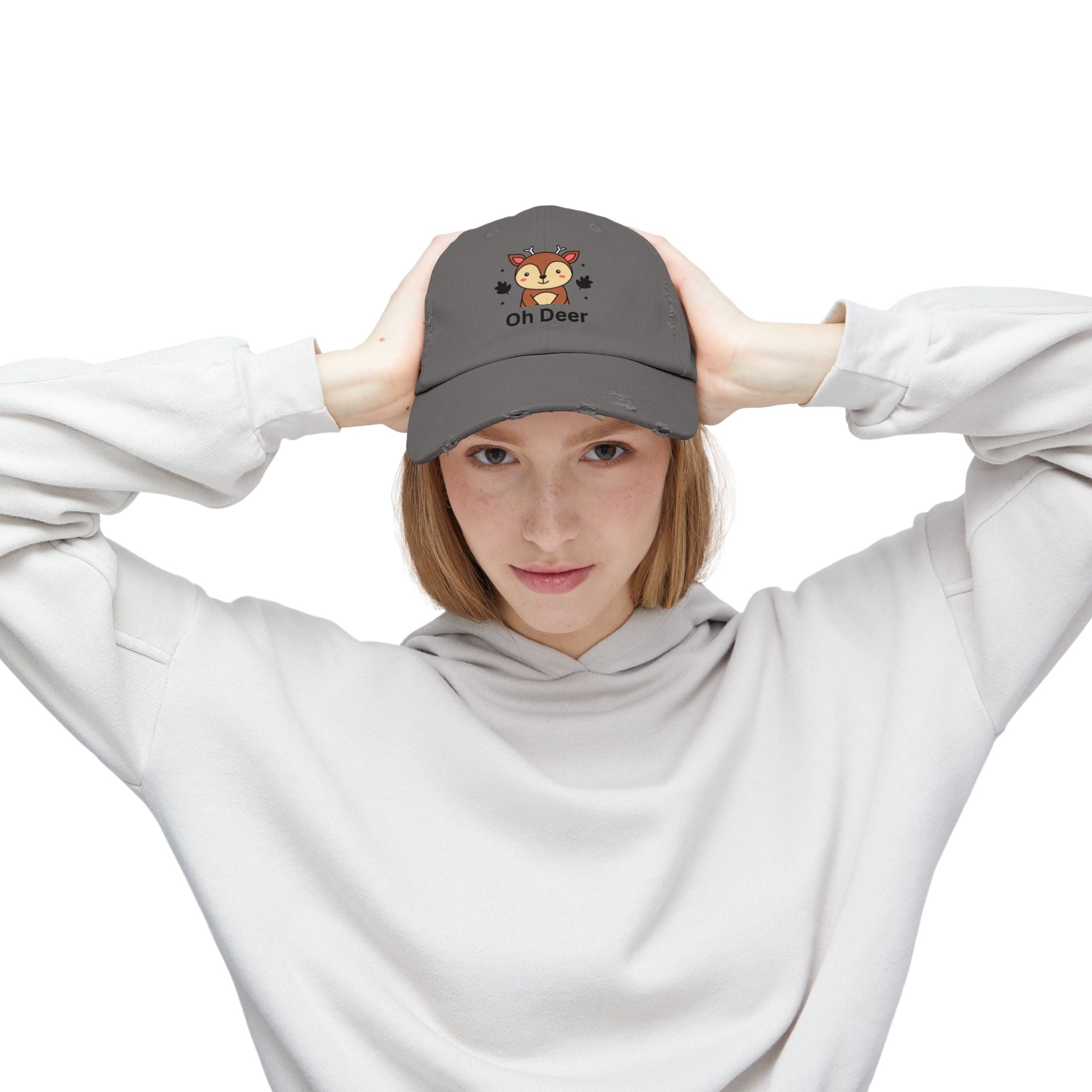 Cute Distressed Cap with 'Oh Deer' Design, Fun Gift for Nature Lovers, Unisex Outdoor Hat, Ideal for Birthdays, Holidays, Casual Wear