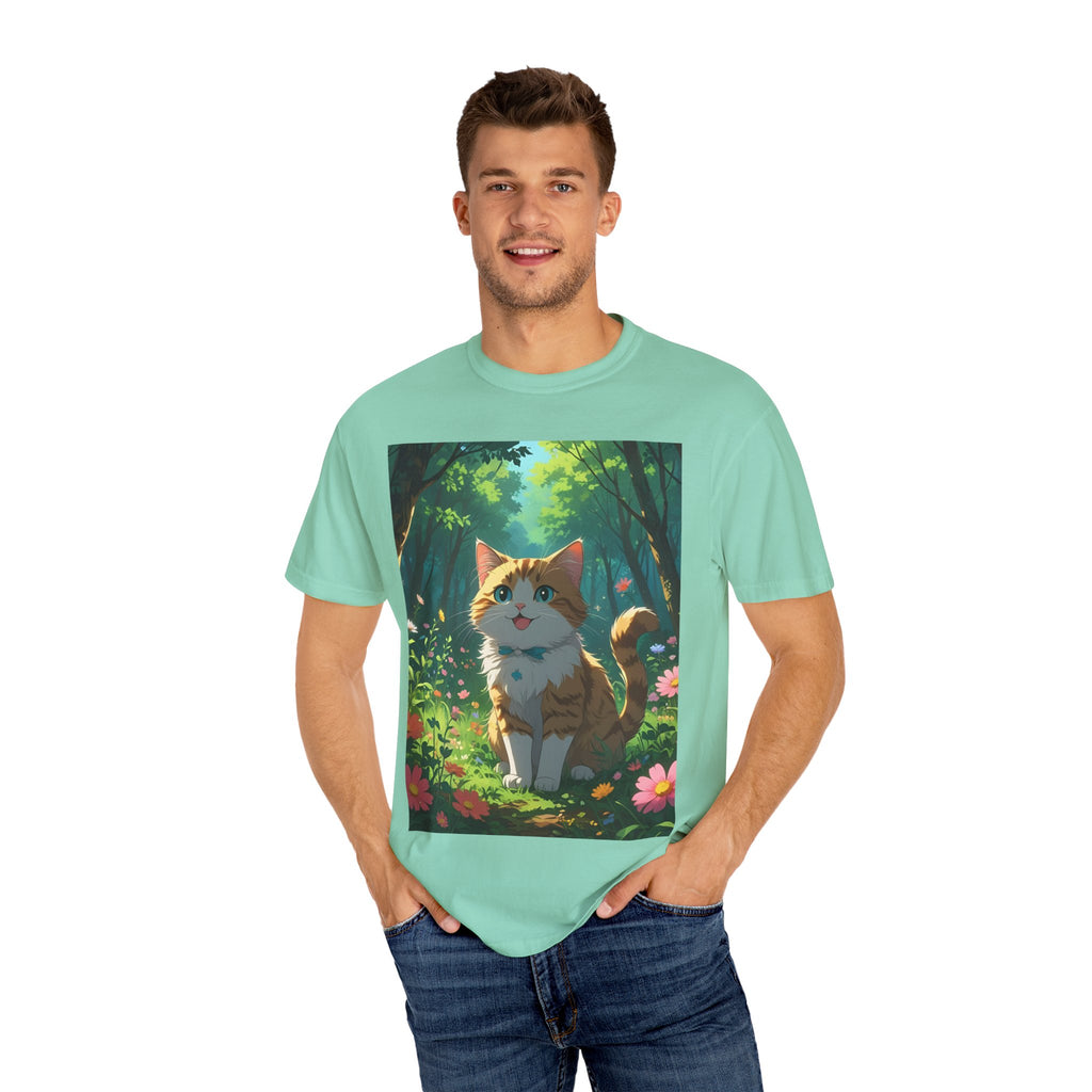 Whimsical Cat In Forest T-Shirt | Nature Lover Gift, Cute Pet Shirt, Animal Art Tee, Summer Outfit, Eco-Friendly Fashion