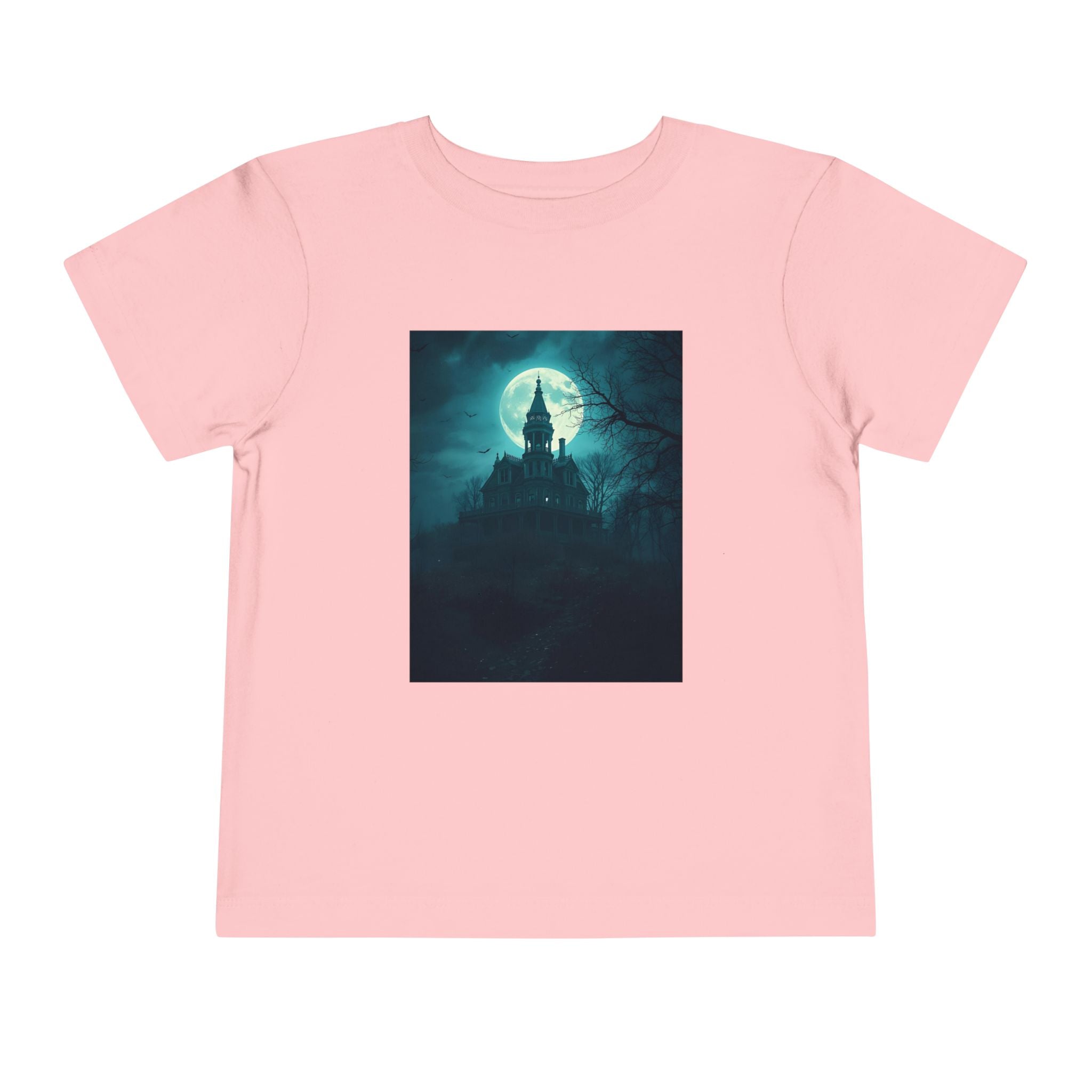 Haunted Moonlight Toddler Halloween Short Sleeve Tee, Ghostly Castle Shirt, Spooky Toddler Tee, Kids Halloween Costume Top, Fall Festivity Apparel