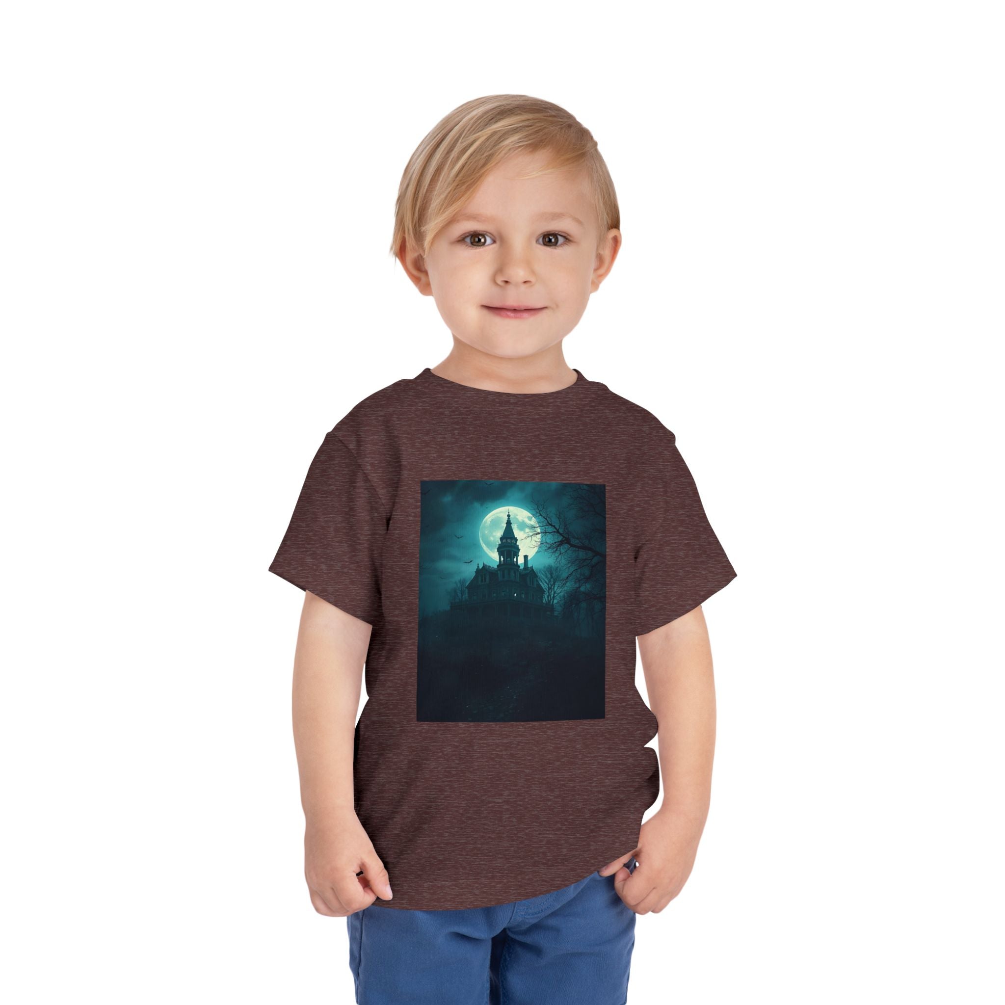 Haunted Moonlight Toddler Halloween Short Sleeve Tee, Ghostly Castle Shirt, Spooky Toddler Tee, Kids Halloween Costume Top, Fall Festivity Apparel