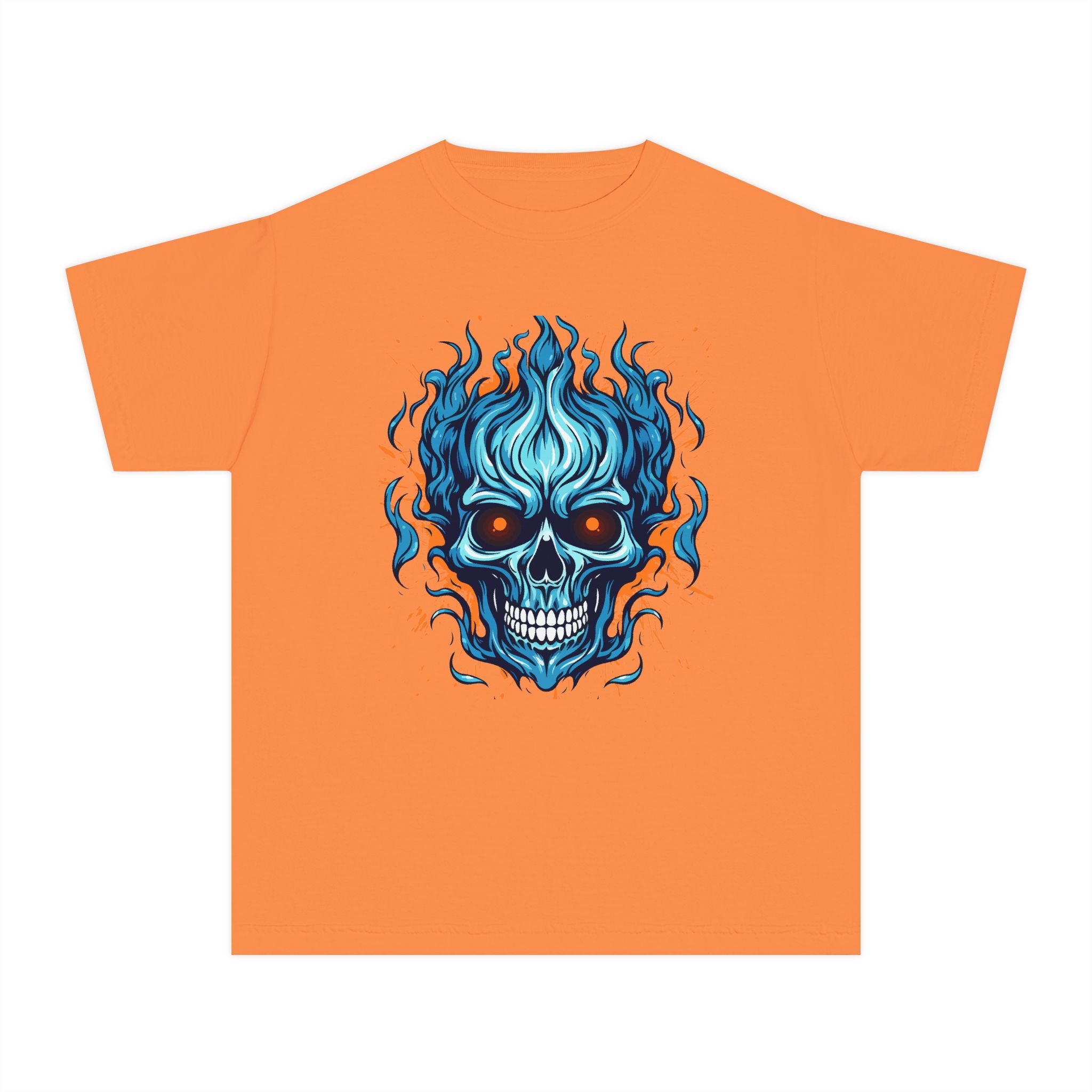 Skull Flame Youth Graphic Skull Tee, Cool Teen Fashion, Edgy Summer Wear, Halloween Costume, Unique Gift for Kids, Casual Everyday Style