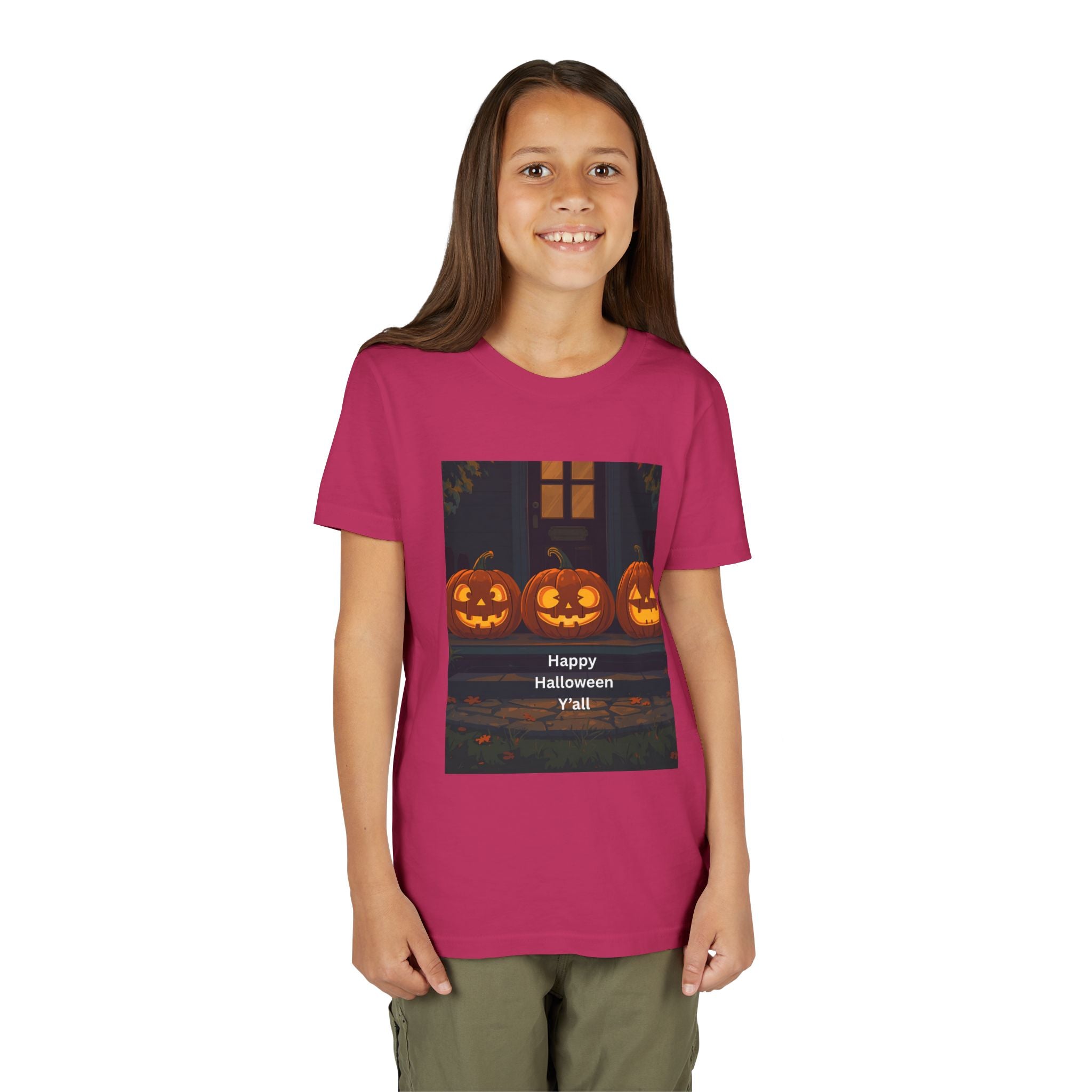 Halloween Pumpkin Youth Tee, Jack-o'-lantern Shirt, Trick or Treat Apparel, Spooky Kids T-Shirt, Halloween Costume Top