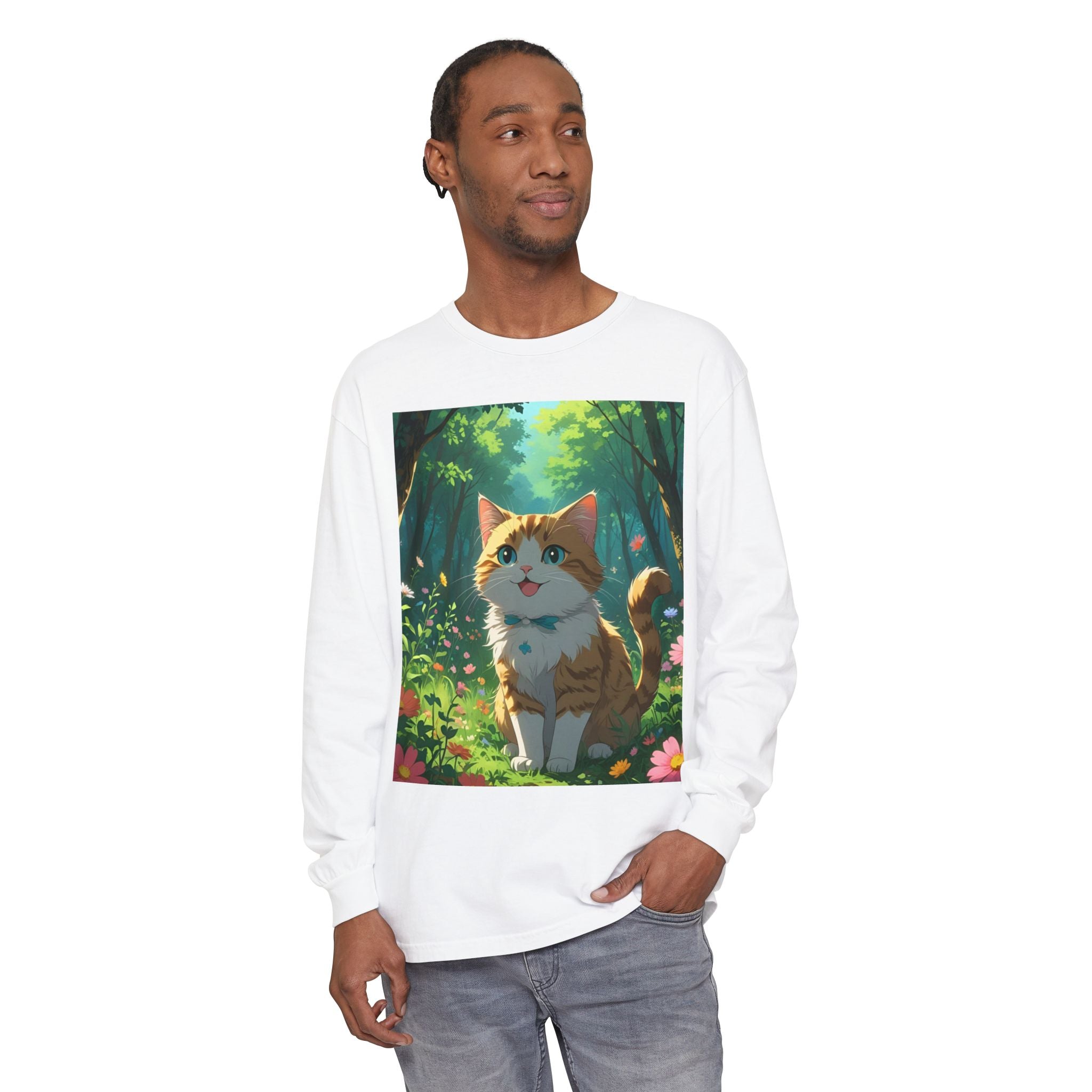 Whimsical Cat In Forest Long Sleeve T-Shirt - Perfect for Cat Lovers, Nature Enthusiasts, Gifts, Cozy Wear, Everyday Style