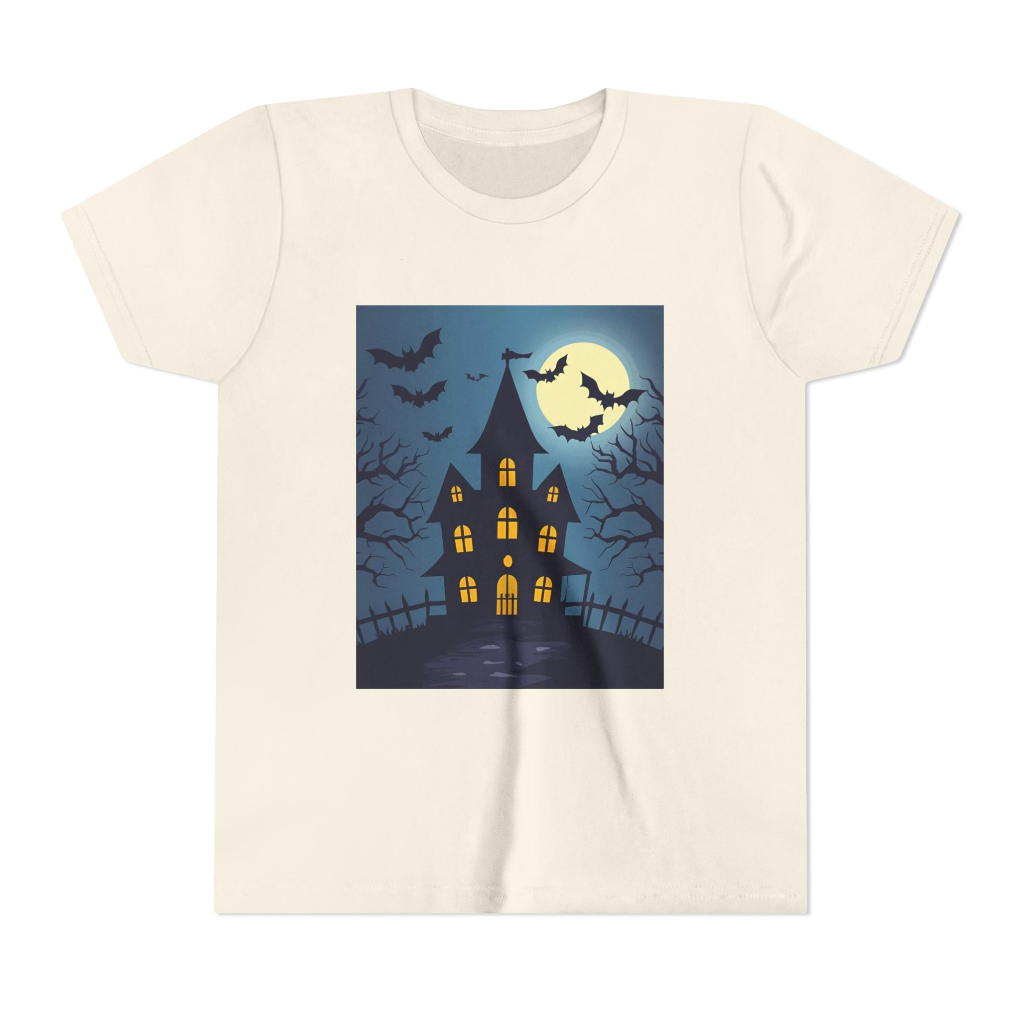 Spooky Halloween Haunted House Youth Tee, Kids Ghost T-Shirt, Haunted House Apparel, Bat Design Shirt, Trick or Treat Clothing