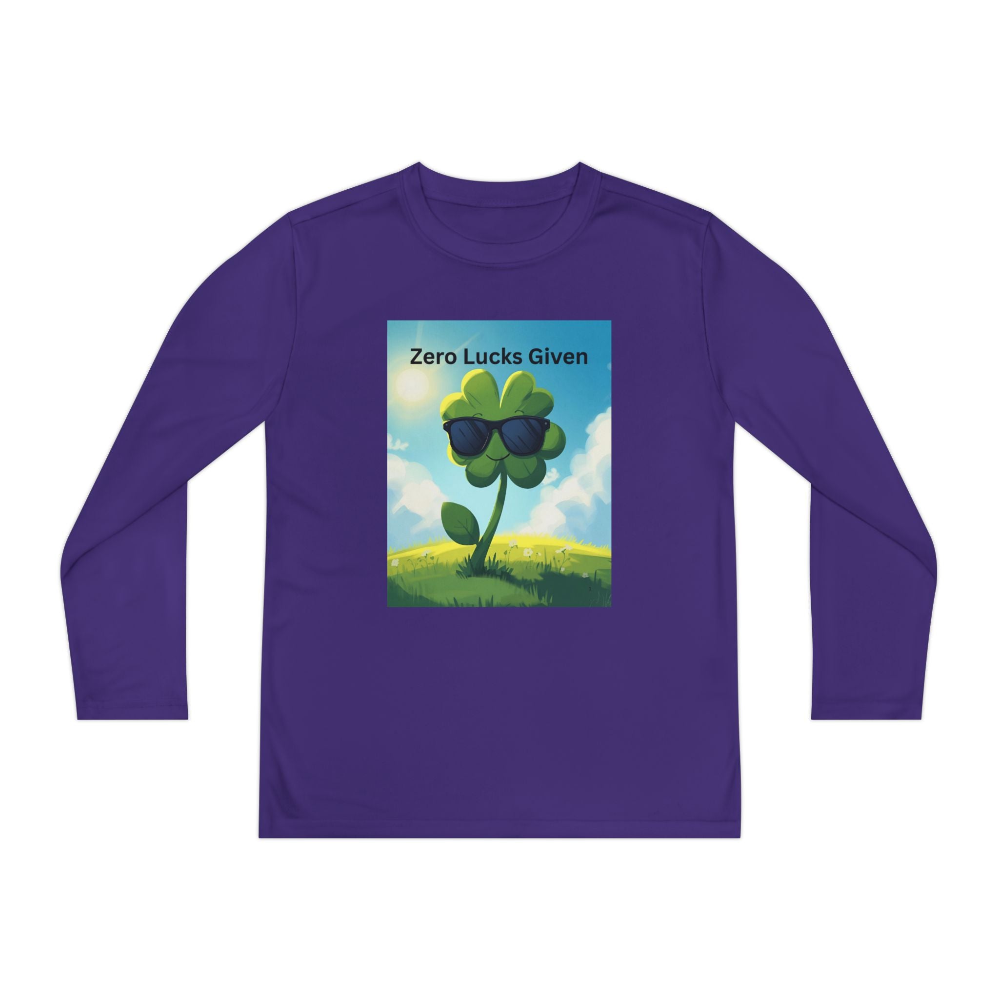 Zero Lucks Given Youth Long Sleeve Tee, Fun Graphic Shirt, Clover Print Top, Gift for Kids, Statement Tee, Birthday Gift