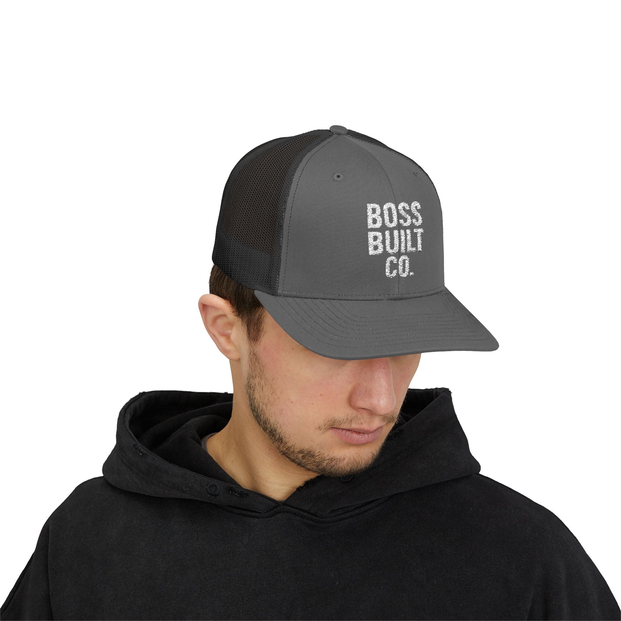 Boss Built Co. Trucker Hat — Vintage Distressed Snapback Cap for Builders & Makers