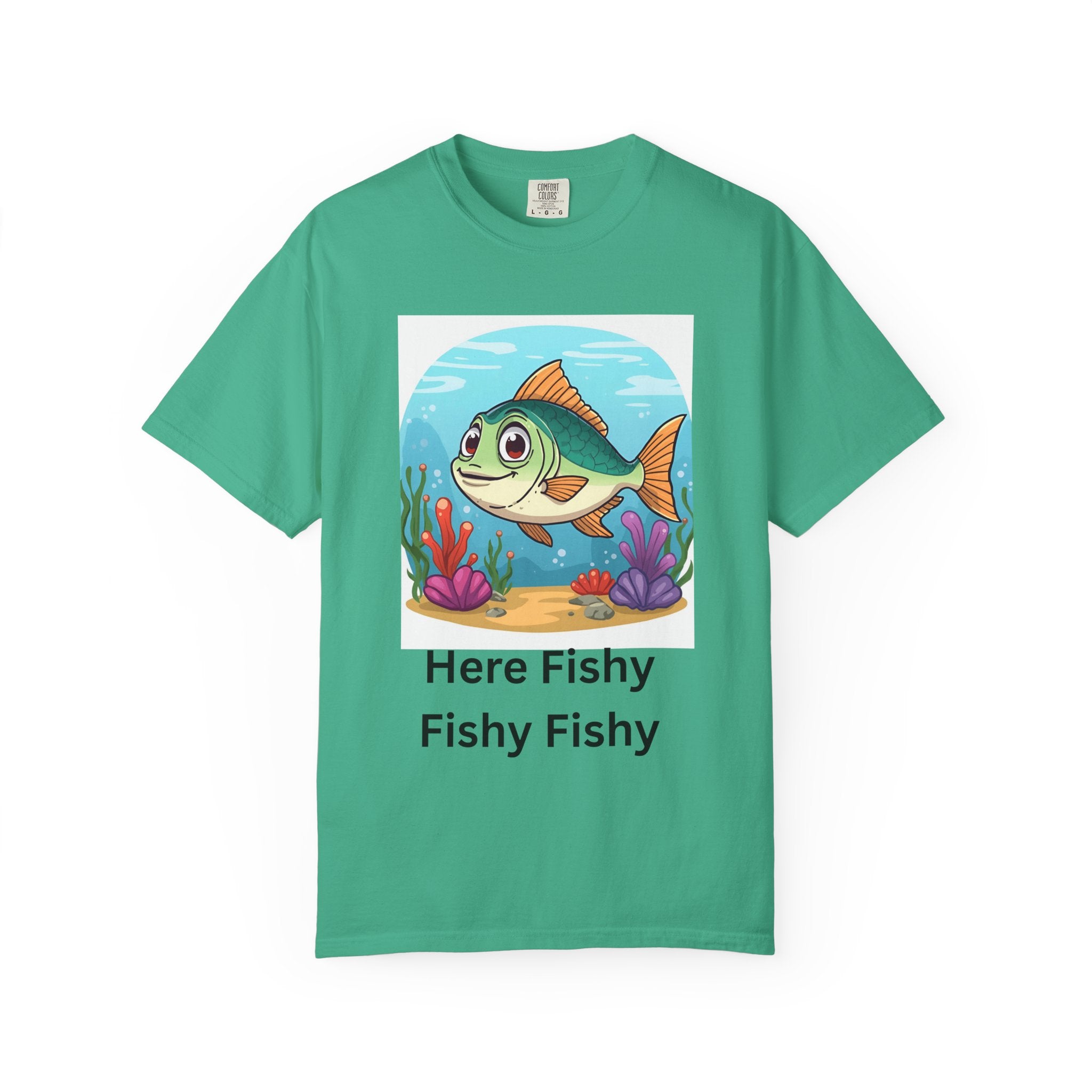 Here Fishy Fishy Fishy Colorful Fish-Themed Unisex T-Shirt, Fun Graphic Tee for Kids and Adults, Perfect for Summer, Fishing Trips, and Gift Giving