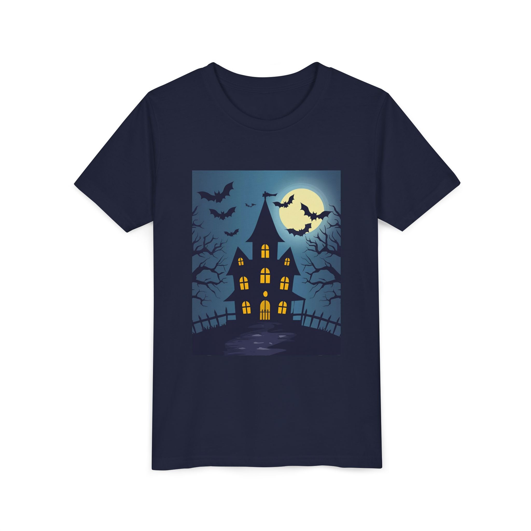 Spooky Halloween Haunted House Youth Tee, Kids Ghost T-Shirt, Haunted House Apparel, Bat Design Shirt, Trick or Treat Clothing