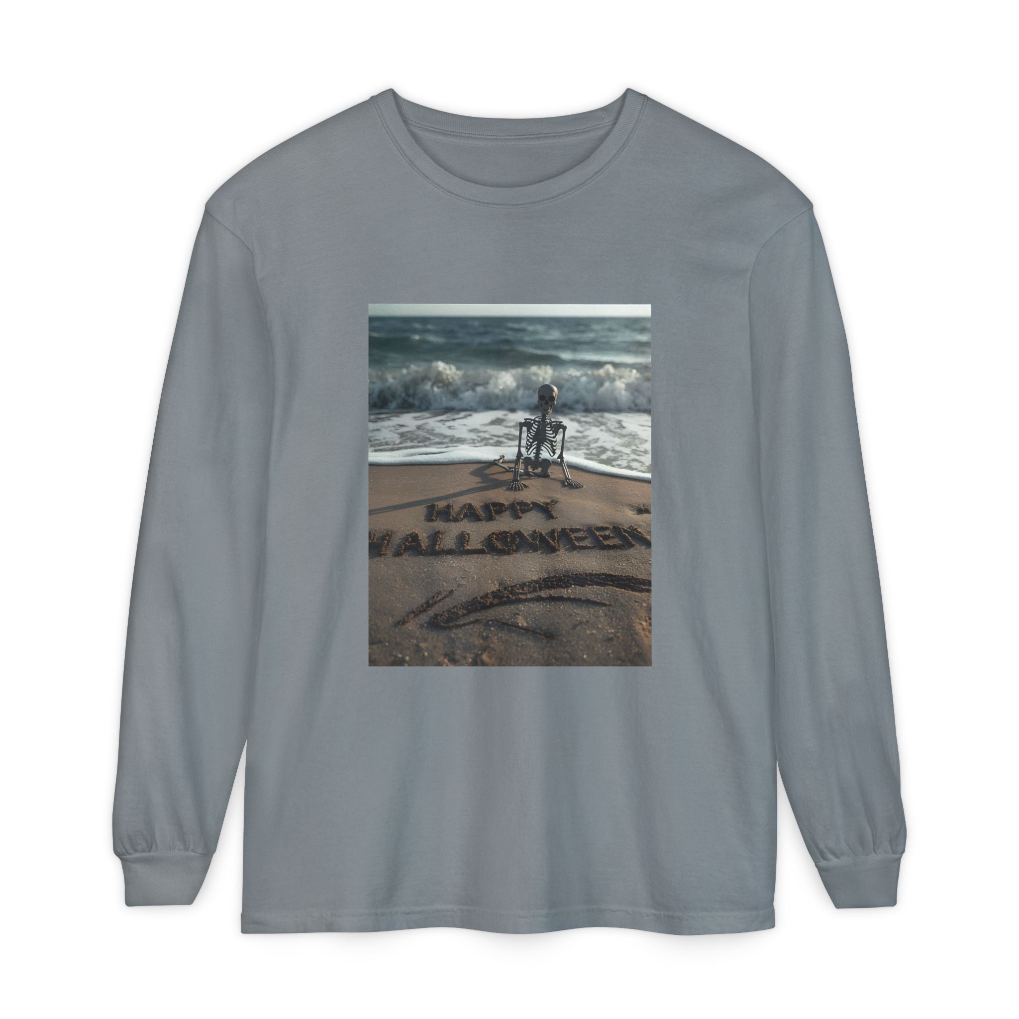 Happy Halloween Beach Skeleton Vibes Unisex Garment-dyed Long Sleeve T-Shirt