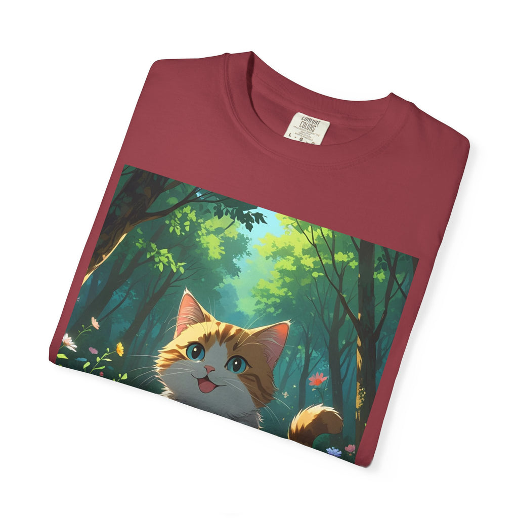 Whimsical Cat In Forest T-Shirt | Nature Lover Gift, Cute Pet Shirt, Animal Art Tee, Summer Outfit, Eco-Friendly Fashion