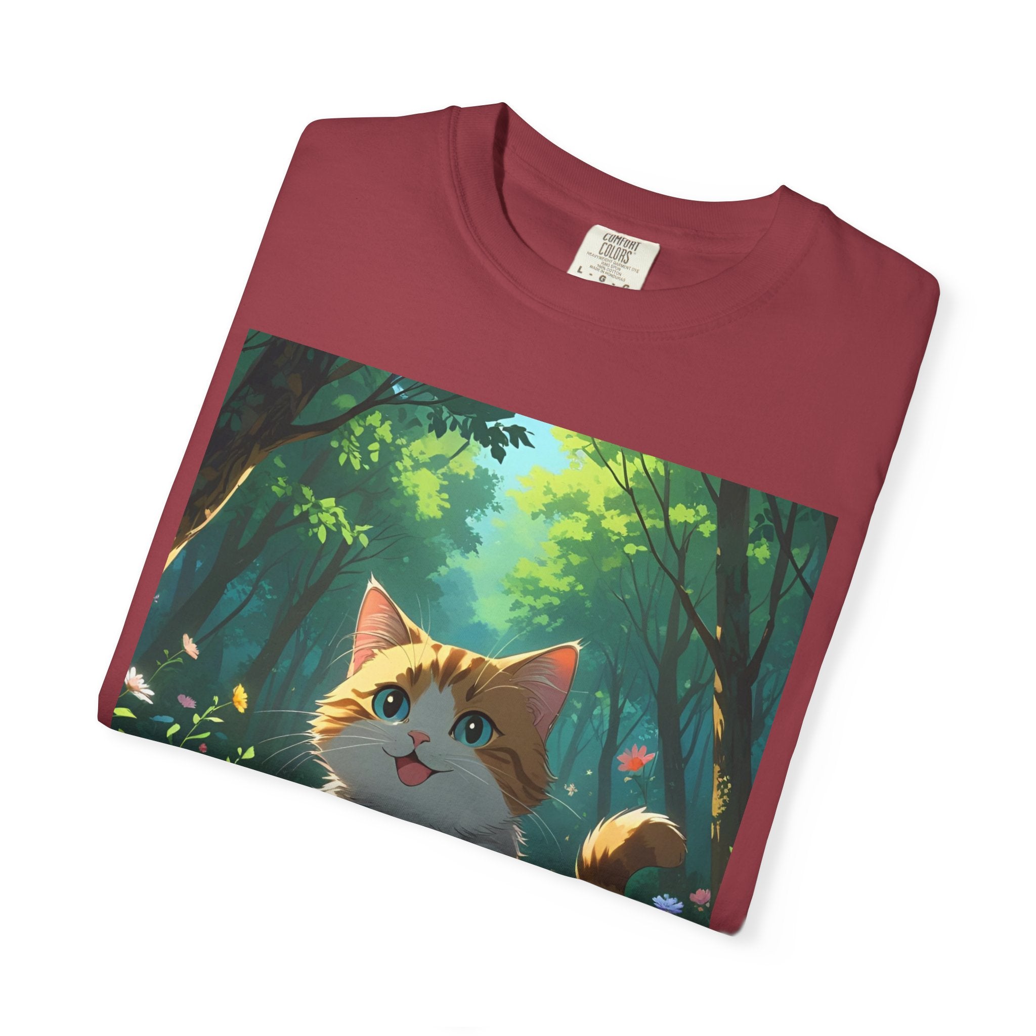 Whimsical Cat In Forest T-Shirt | Nature Lover Gift, Cute Pet Shirt, Animal Art Tee, Summer Outfit, Eco-Friendly Fashion