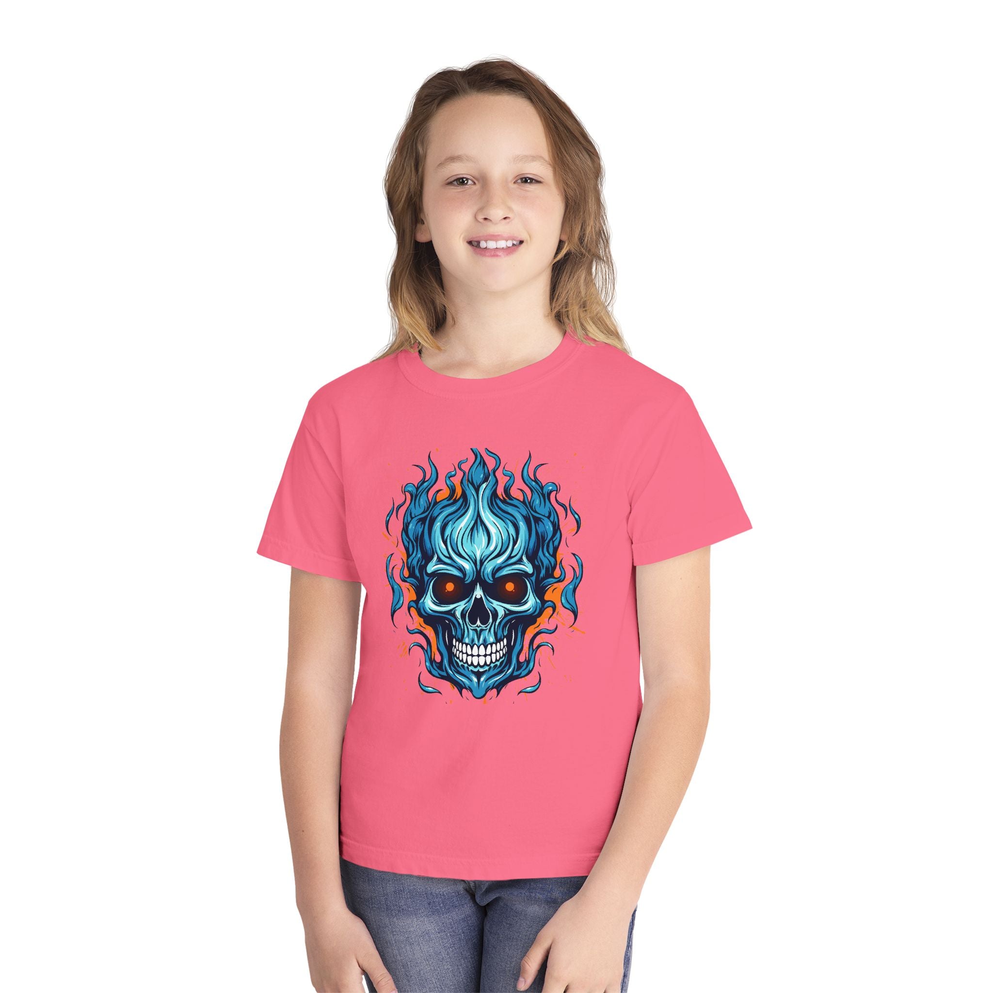 Skull Flame Youth Graphic Skull Tee, Cool Teen Fashion, Edgy Summer Wear, Halloween Costume, Unique Gift for Kids, Casual Everyday Style