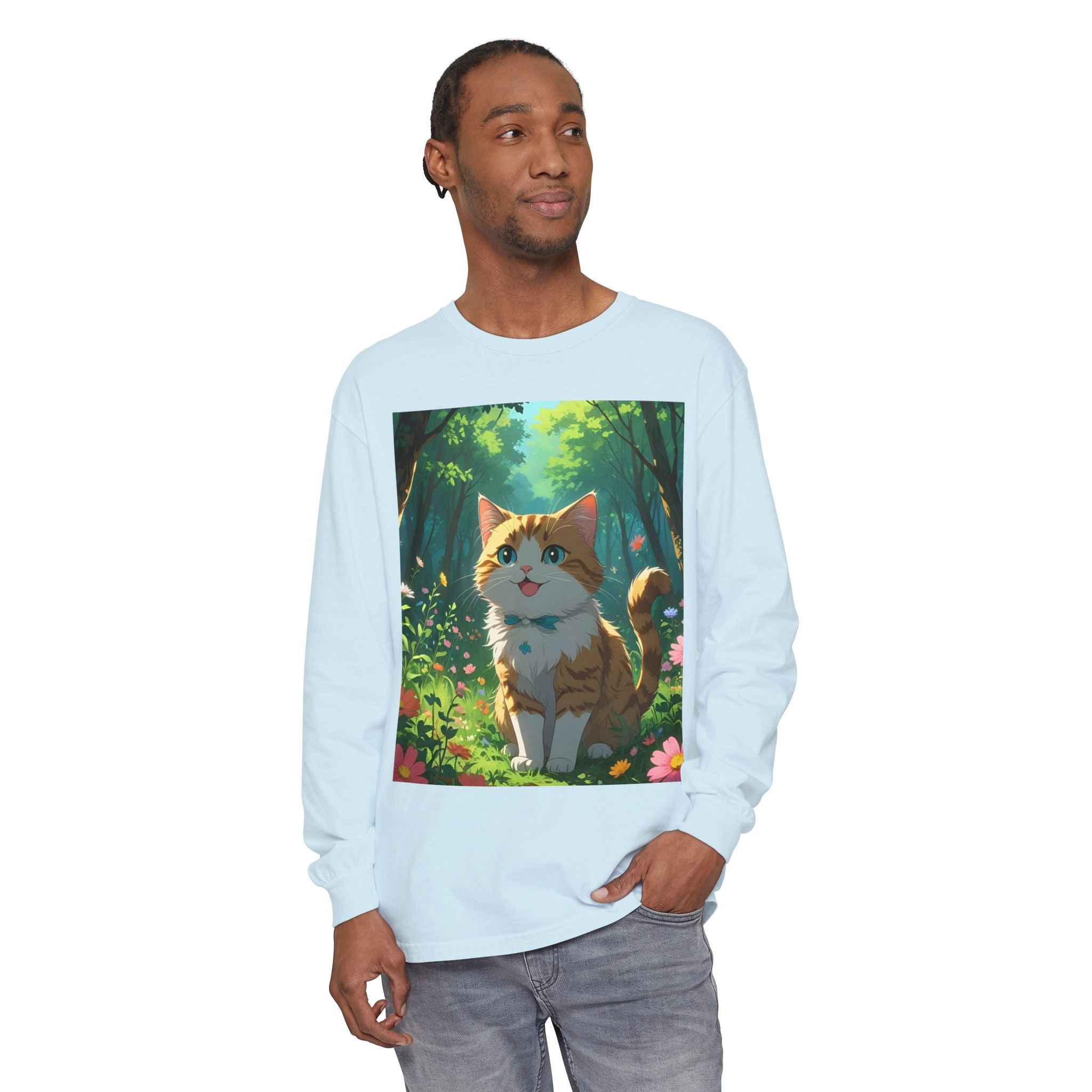 Whimsical Cat In Forest Long Sleeve T-Shirt - Perfect for Cat Lovers, Nature Enthusiasts, Gifts, Cozy Wear, Everyday Style