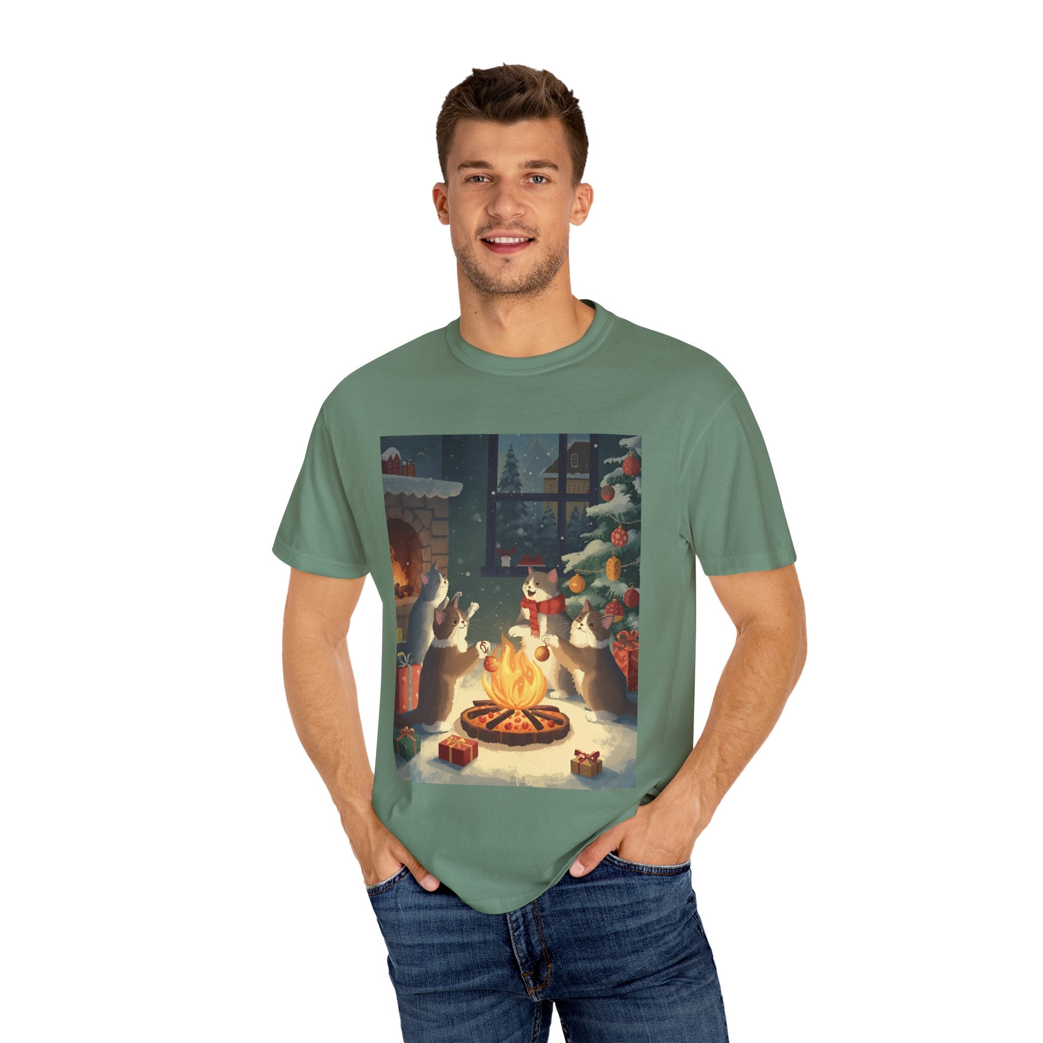 Cozy Winter Cat T-shirt, Unisex Garment-Dyed Shirt, Holiday Gift, Christmas Apparel, Cat Lover Tee, Festive Casual Wear