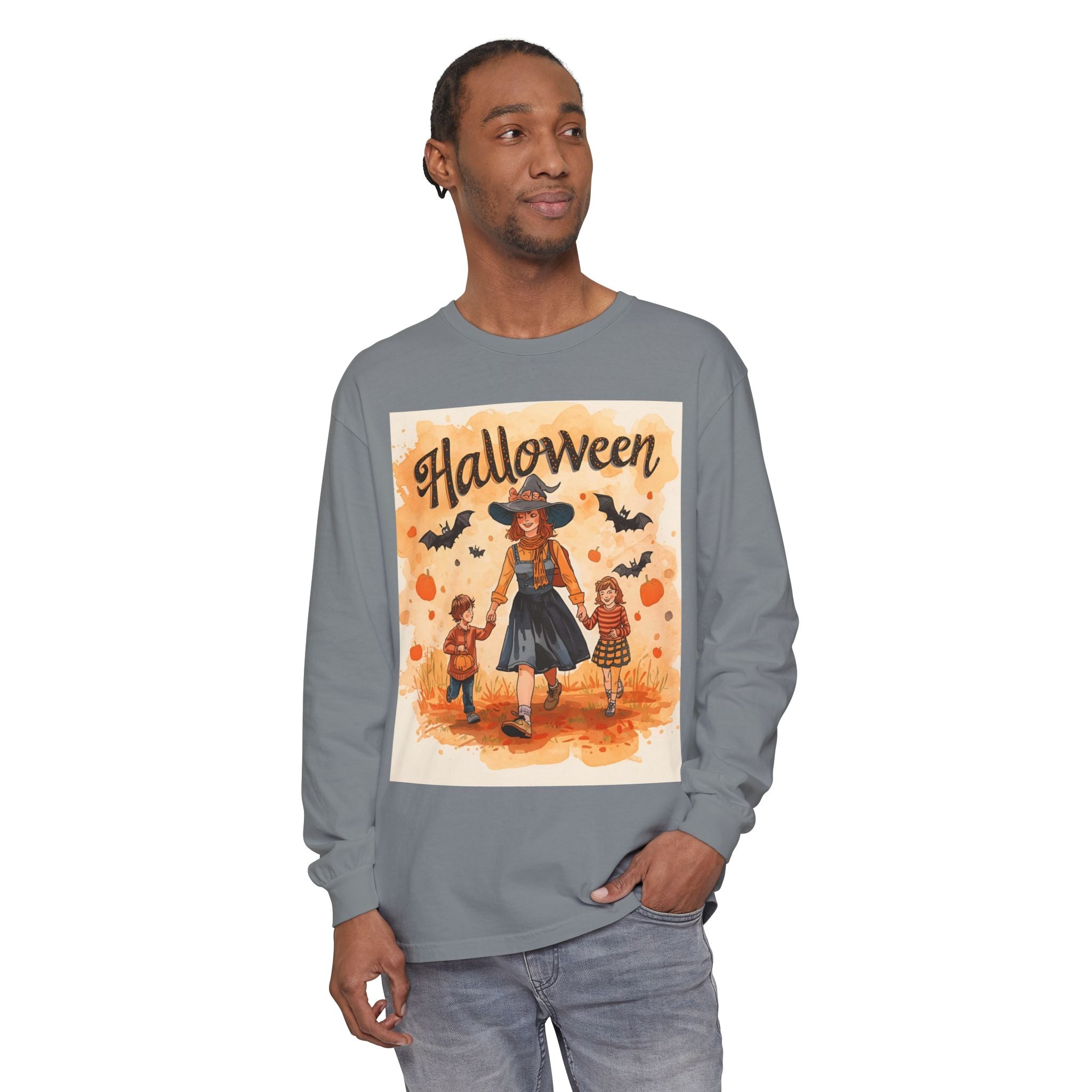 Halloween Themed Mom And Children Unisex Garment-dyed Long Sleeve T-Shirt