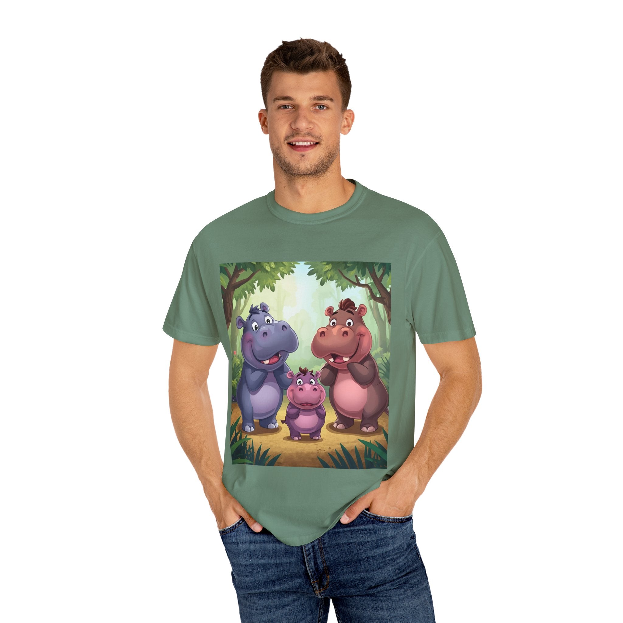 Cute Hippo Family T-Shirt, Unisex Garment-Dyed Tee, Animal Lovers Gift, Kids & Adults, Birthday, Family Reunion, Casual Wear