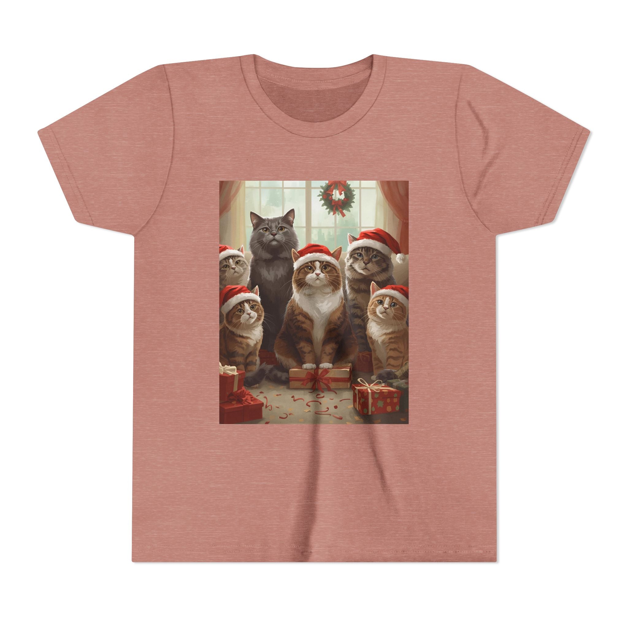 Cute Festive Christmas Cat Youth Short Sleeve Tee