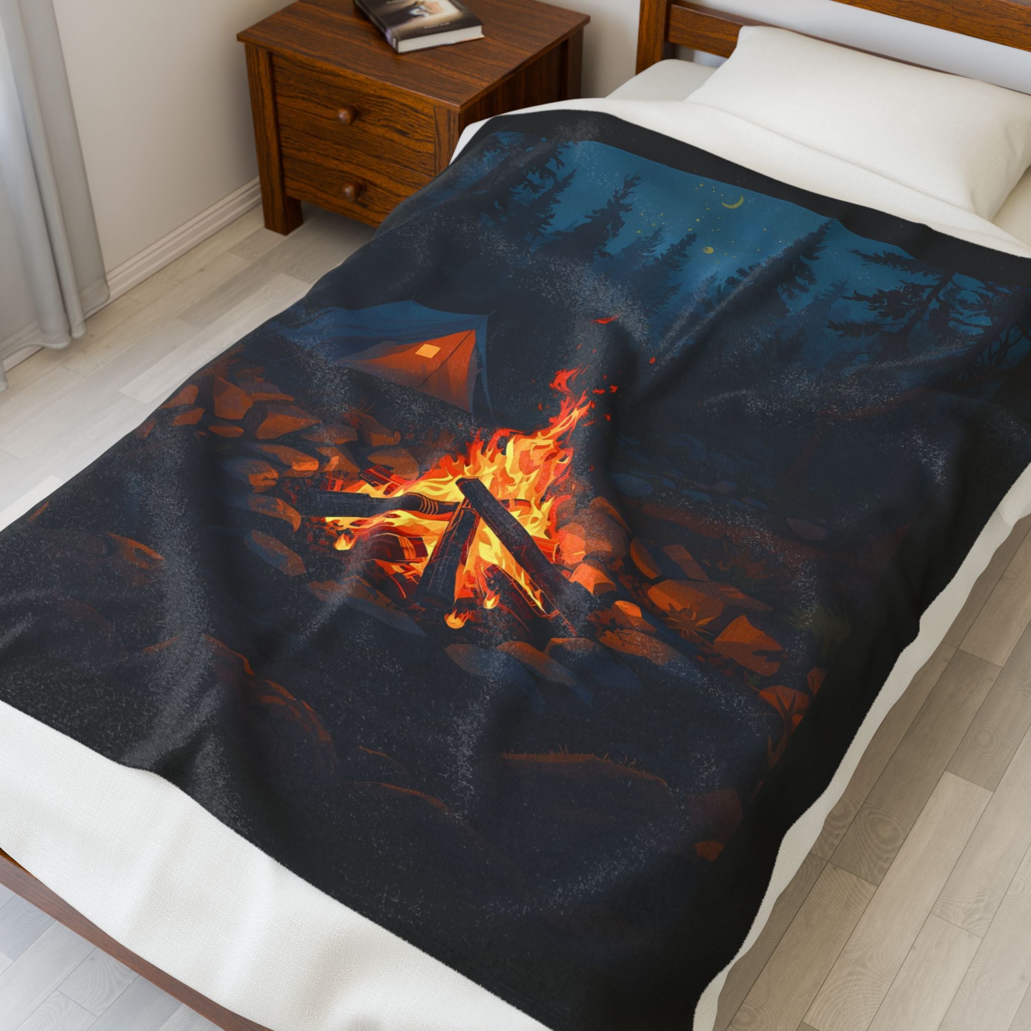 Cozy Campfire Velveteen Plush Blanket, Camping Decor, Outdoor Retreat Gift, Cozy Nights, Relaxation Essentials