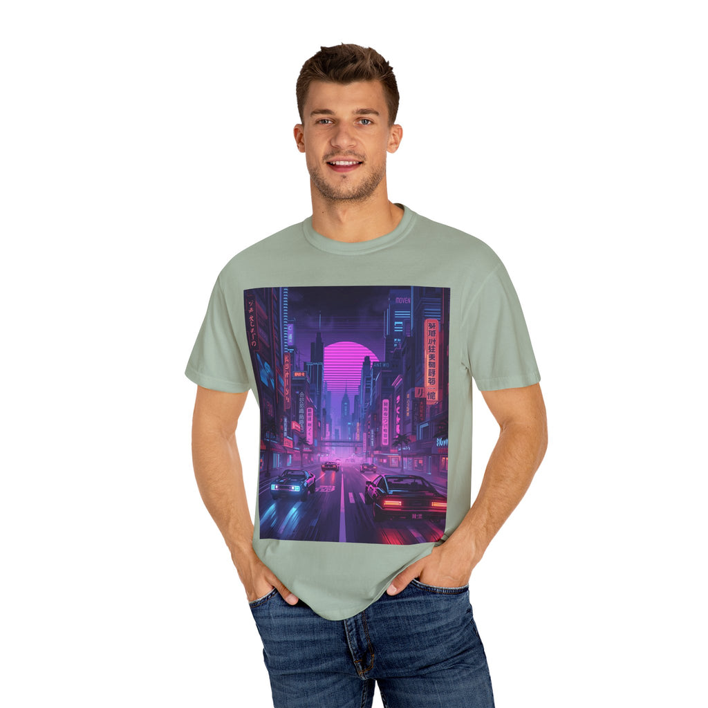 Futuristic Neon Cityscape T-Shirt, Retro Graphic Tee, Unisex Streetwear, Urban Vibe Shirt, Gift for Gamers, Summer Outfit