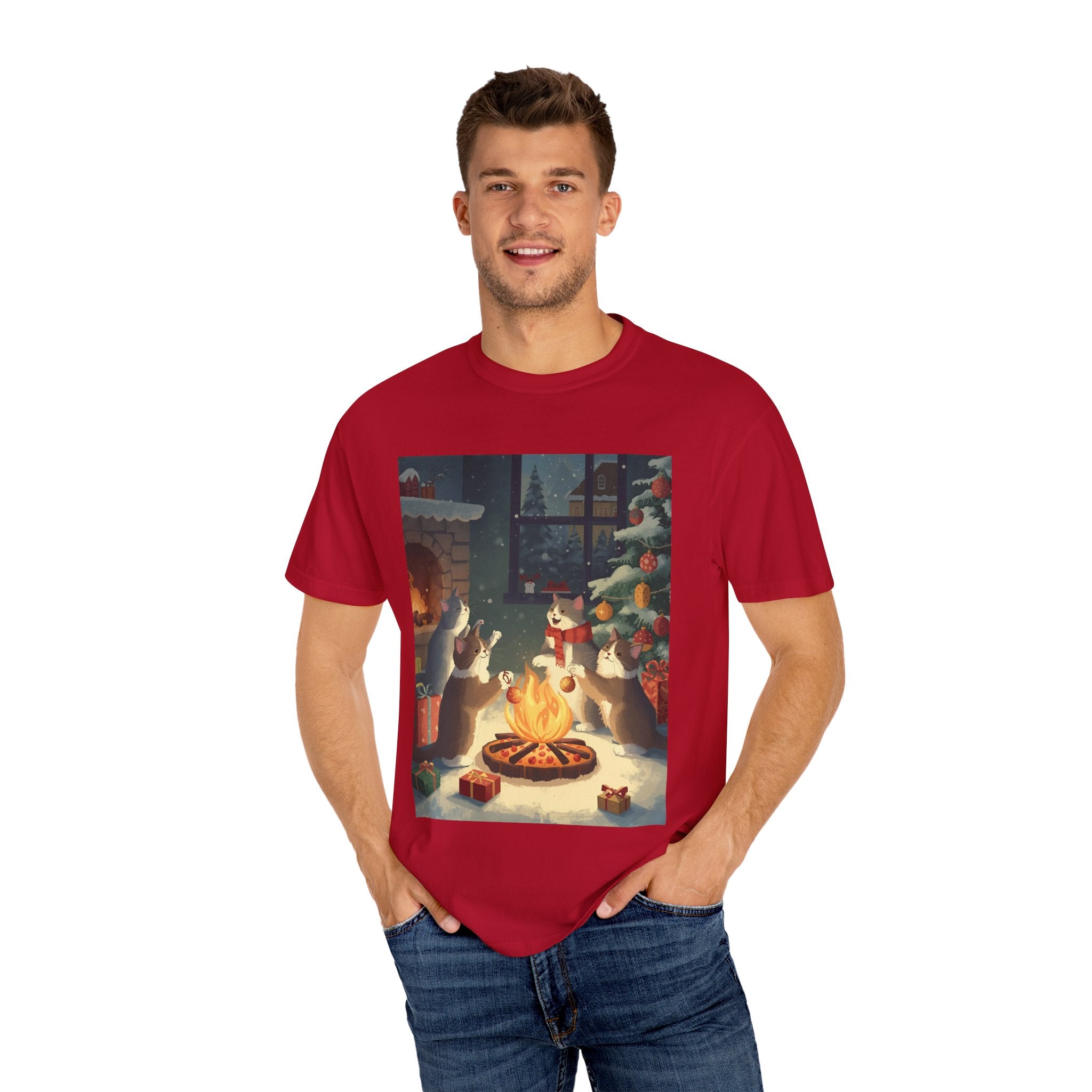 Cozy Winter Cat T-shirt, Unisex Garment-Dyed Shirt, Holiday Gift, Christmas Apparel, Cat Lover Tee, Festive Casual Wear