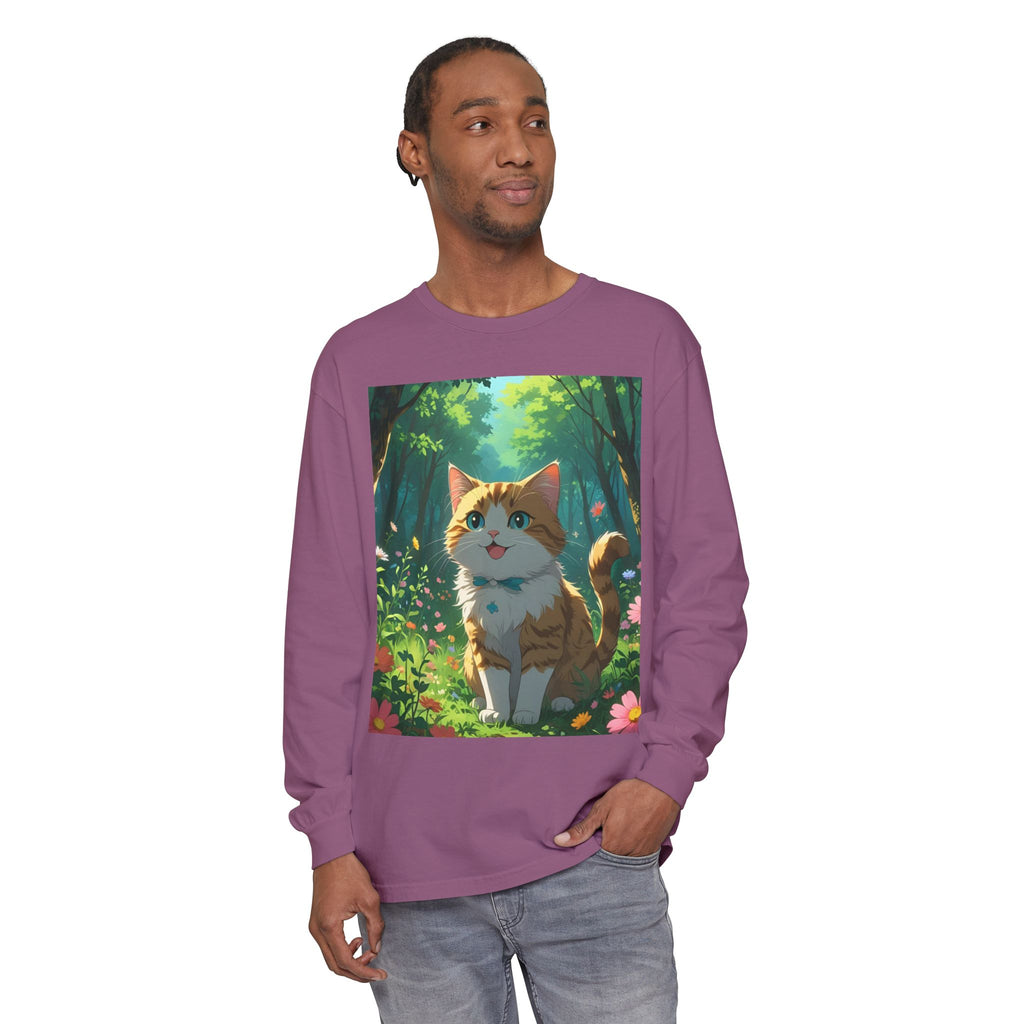 Whimsical Cat In Forest Long Sleeve T-Shirt - Perfect for Cat Lovers, Nature Enthusiasts, Gifts, Cozy Wear, Everyday Style