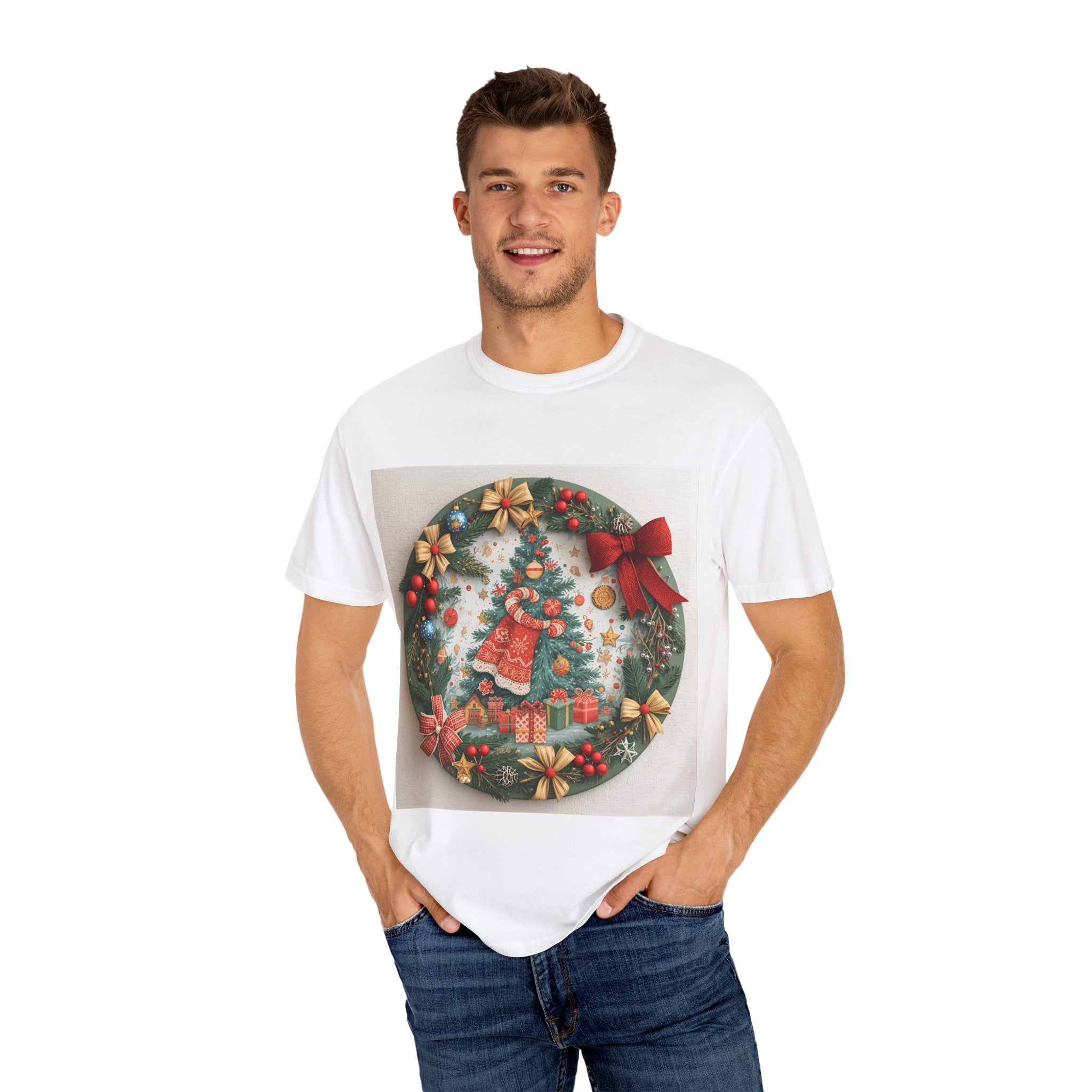 Christmas Wreath Festive Holiday T-Shirt, Christmas Tee, Seasonal Wear, Gift for Him/Her, Cute Xmas Shirt, Unisex Holiday Apparel