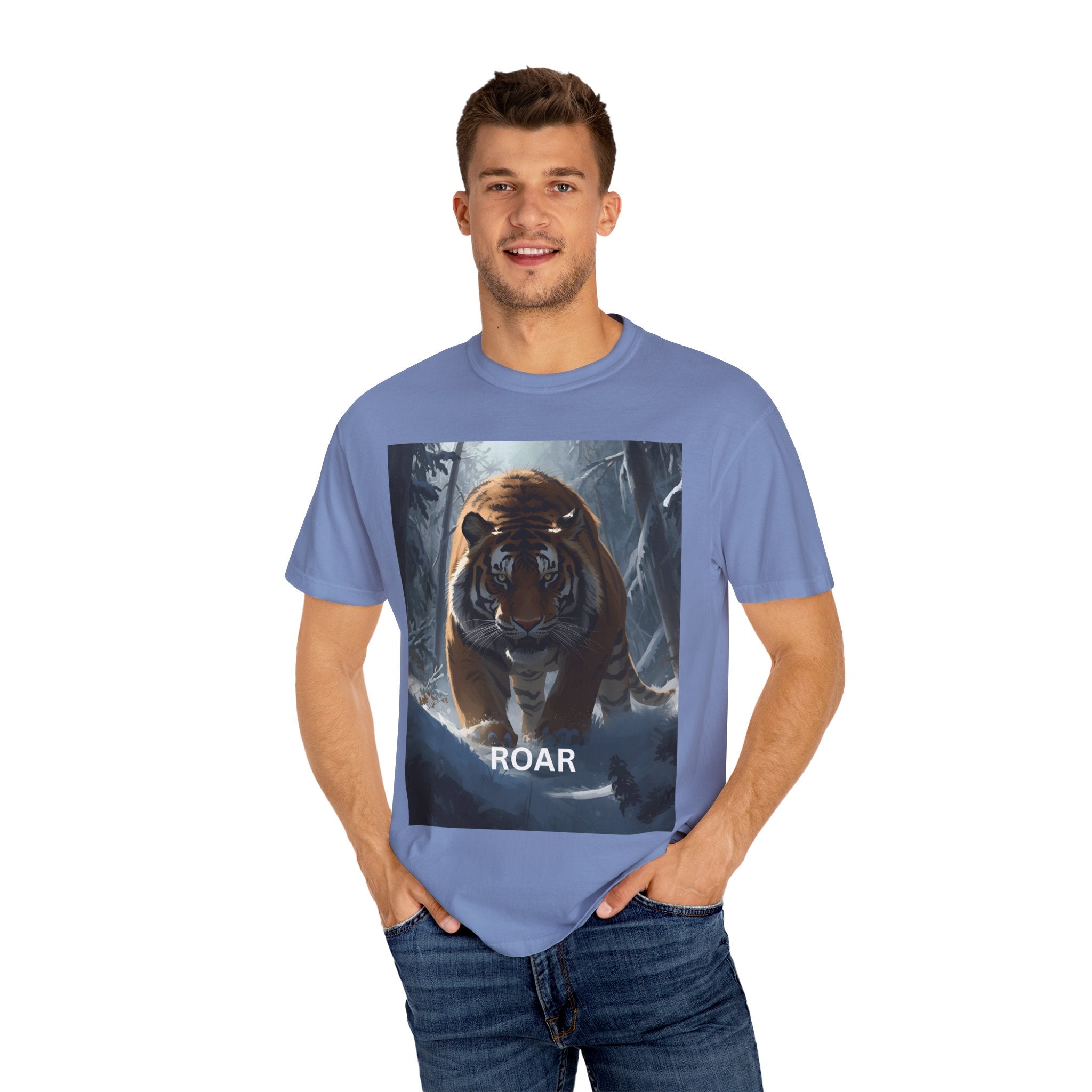 Fierce Tiger Roar Snow Graphic Tee, Eco-Friendly T-Shirt for Animal Lovers, Adventure Apparel, Gift for Wildlife Enthusiasts, Casual Wear